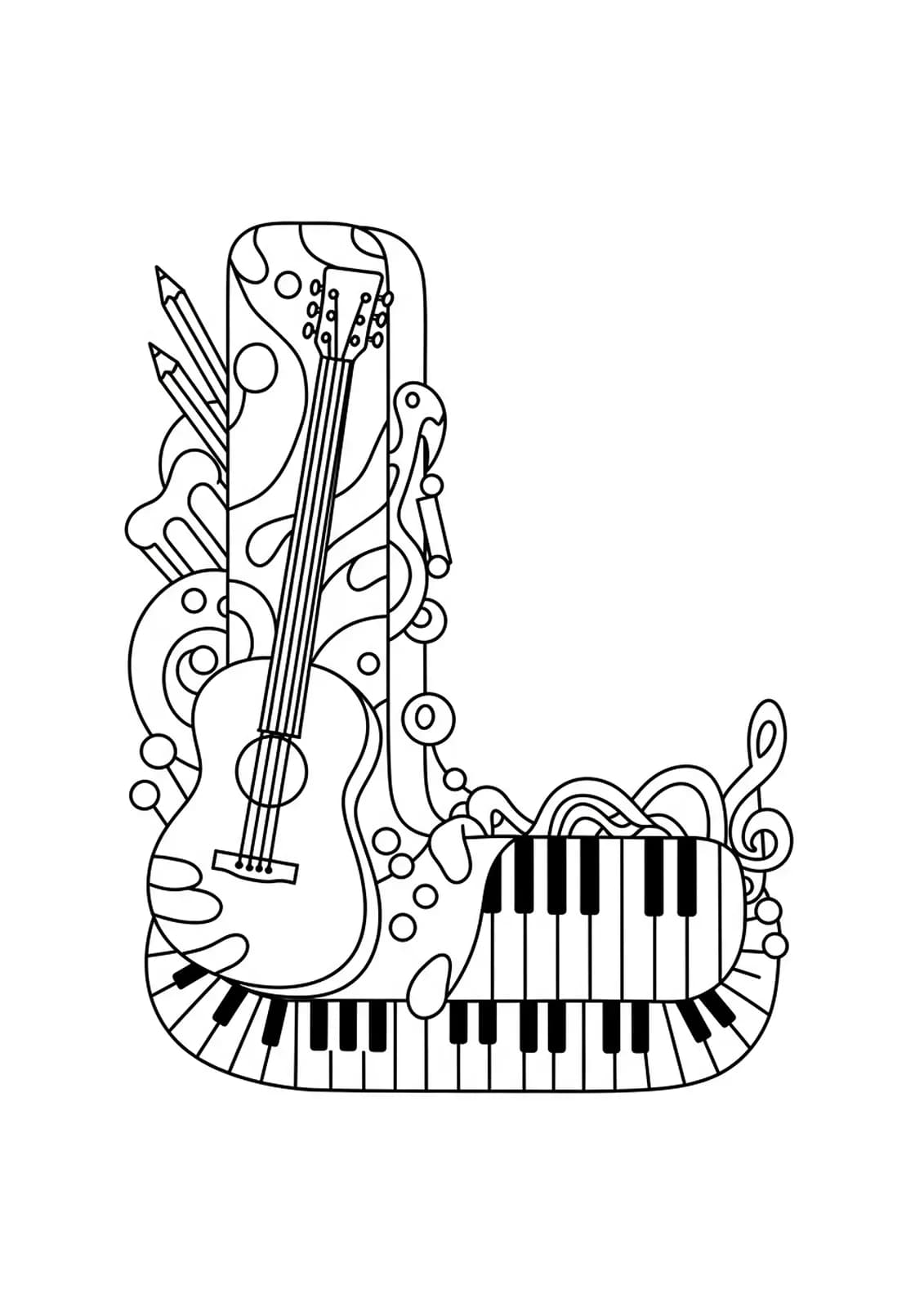 Large letter L surrounded by simple line drawings of musical instruments like a guitar and piano.