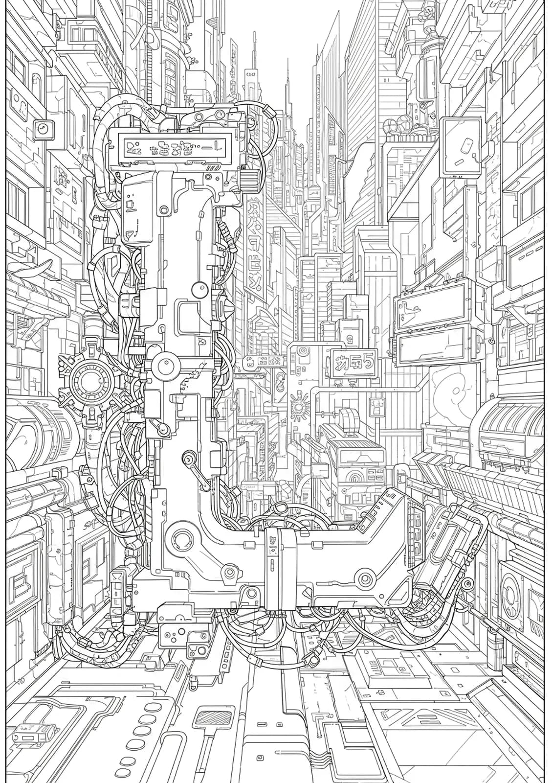 Cyberpunk-themed Letter L with neon signs, skyscrapers, and futuristic city details, hard level.