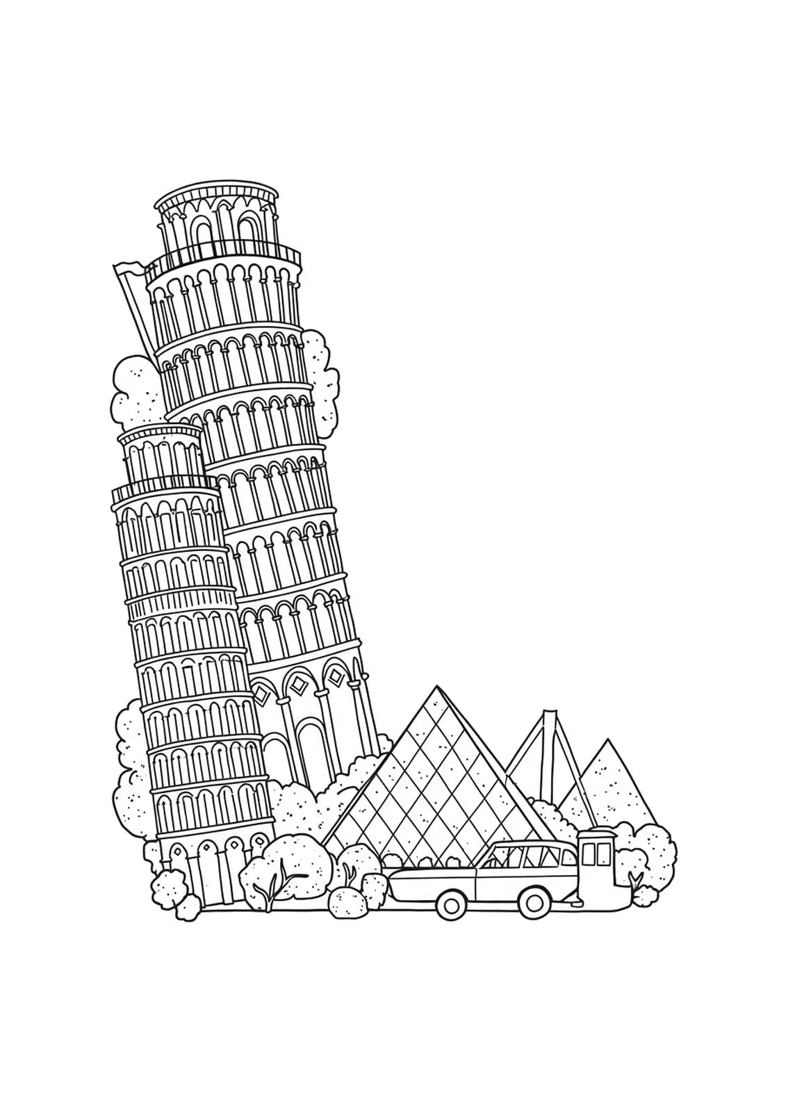 Medium complexity coloring page of the letter L incorporated with famous world landmarks and architectural icons.
