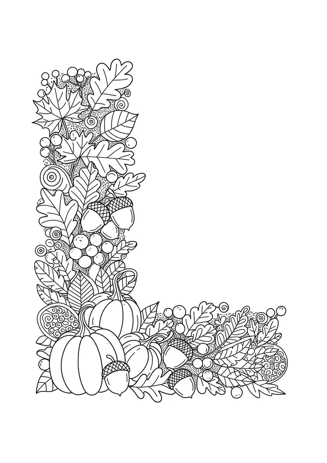 Coloring page with letter L among swirling autumn leaves, pumpkins, and acorns for an autumn festival theme.