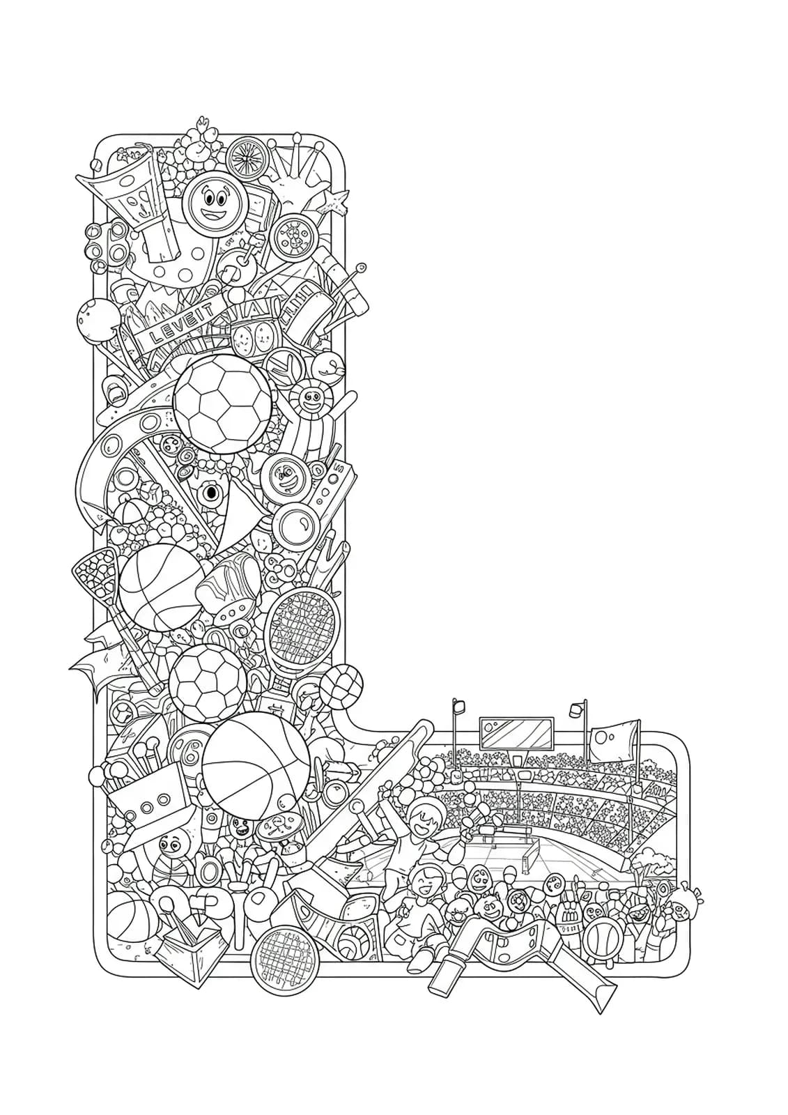 Coloring page with letter L surrounded by detailed sports stadium, soccer balls, hoops, and cheering fans.