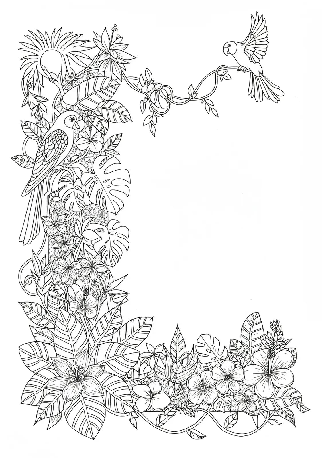 Intricate coloring page with letter L among rainforest plants, birds, and flowers in a detailed jungle scene.