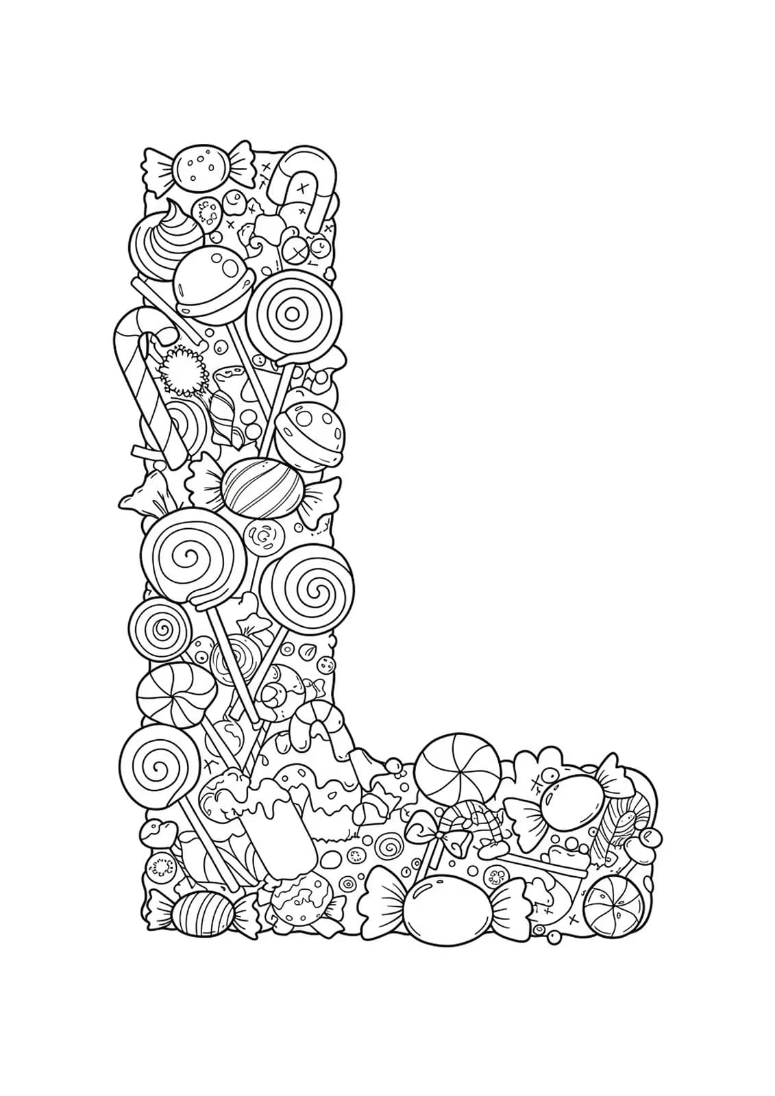 Intricate letter L with swirling lollipops, candy pieces, and fantasy patterns for preschoolers to color