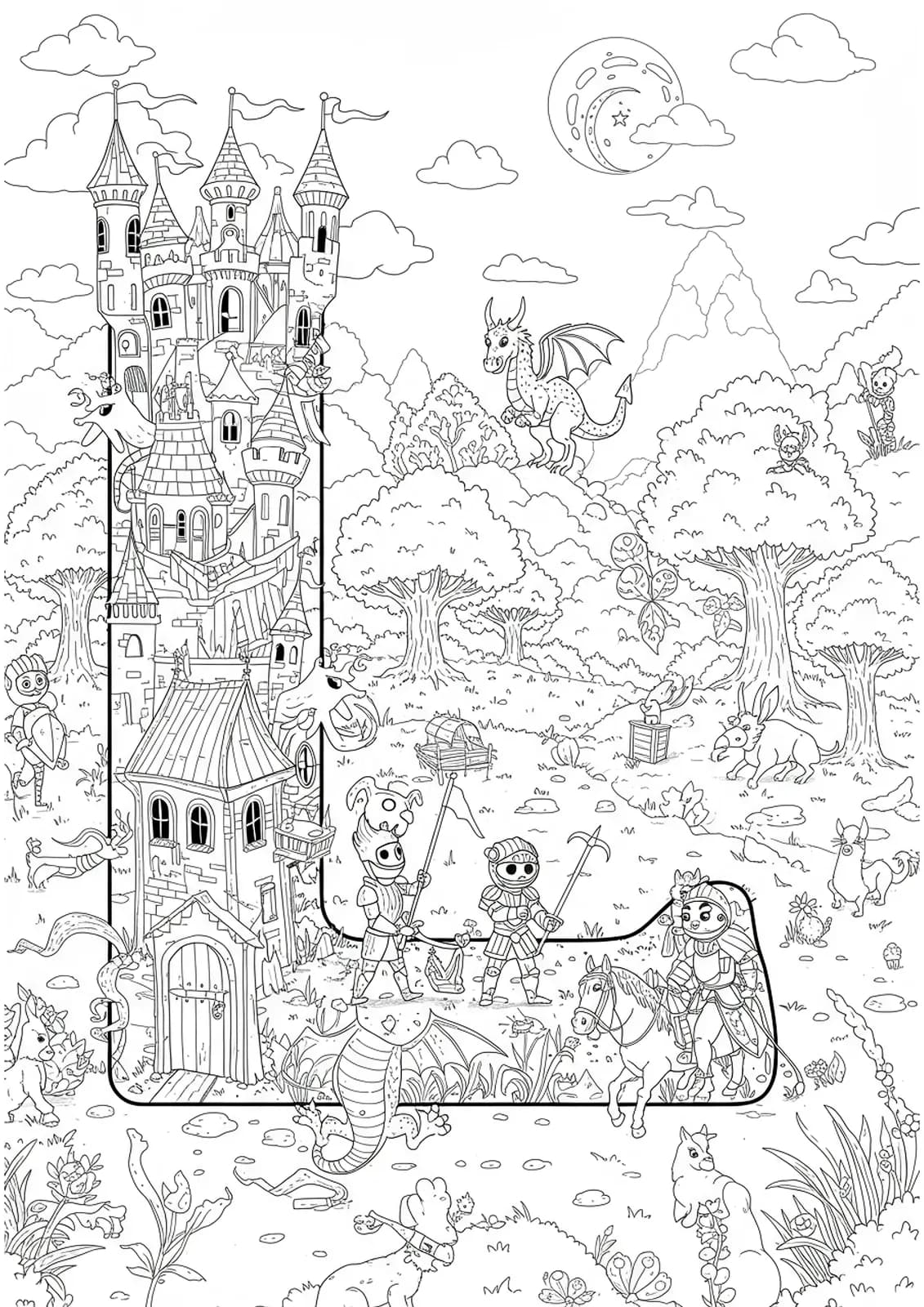 Coloring page with letter L among castles, dragons, knights, and magical forests in a fantasy scene.