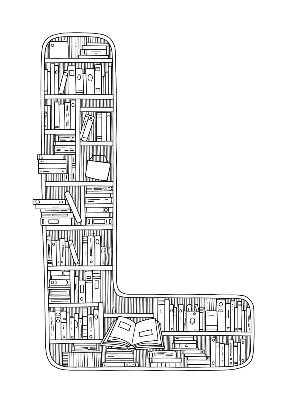 Medium complexity coloring page featuring the letter L integrated into a detailed library with books and shelves.