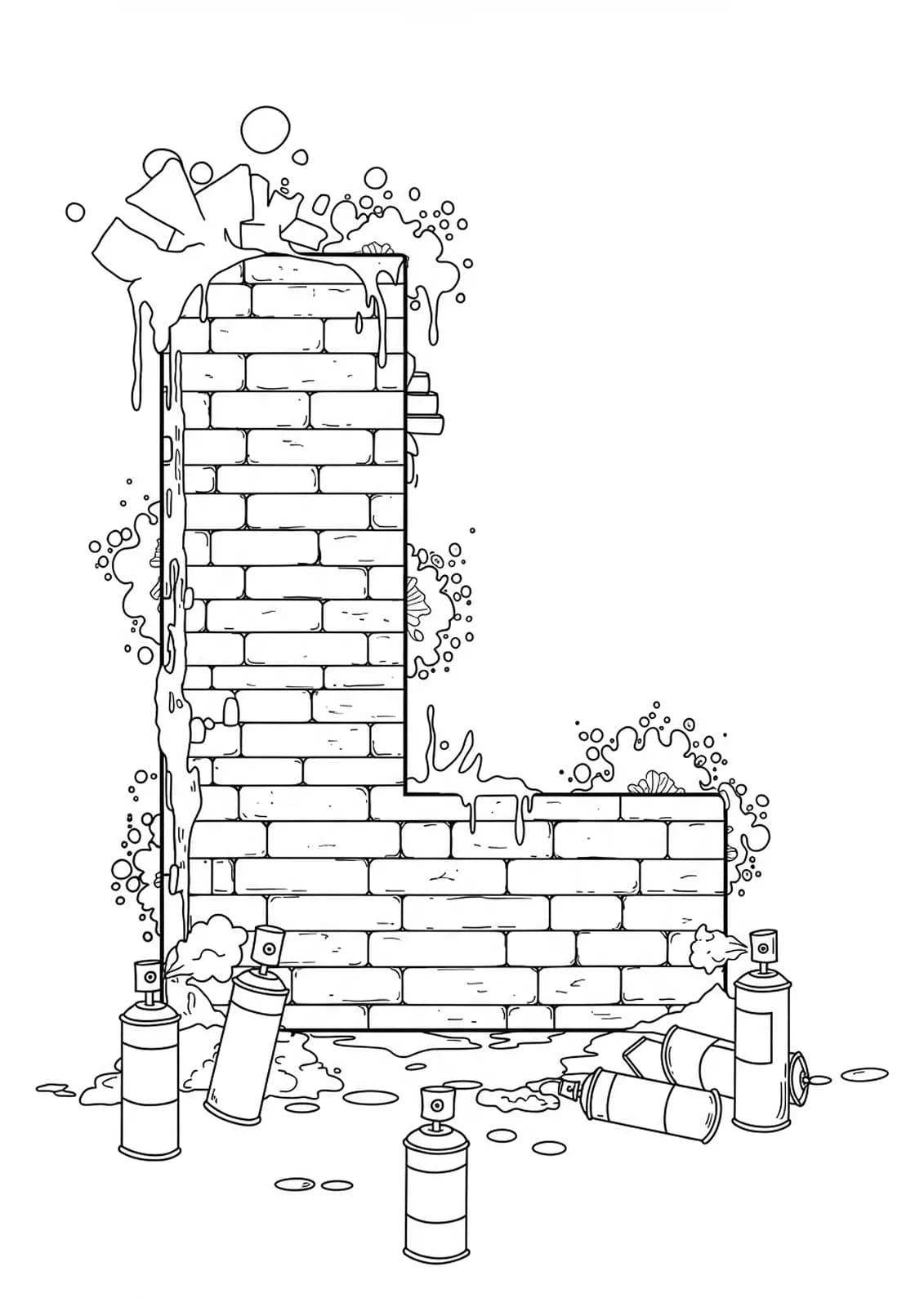 Graffiti-style letter L with paint splatters, brick wall, and spray cans, medium detail.
