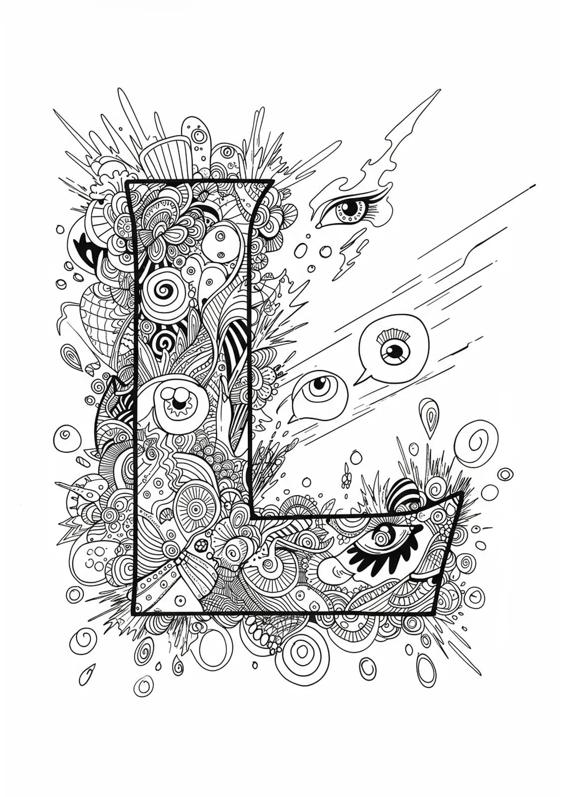 Manga-inspired Letter L with expressive manga eyes, speech bubbles, and dynamic backgrounds, hard level.