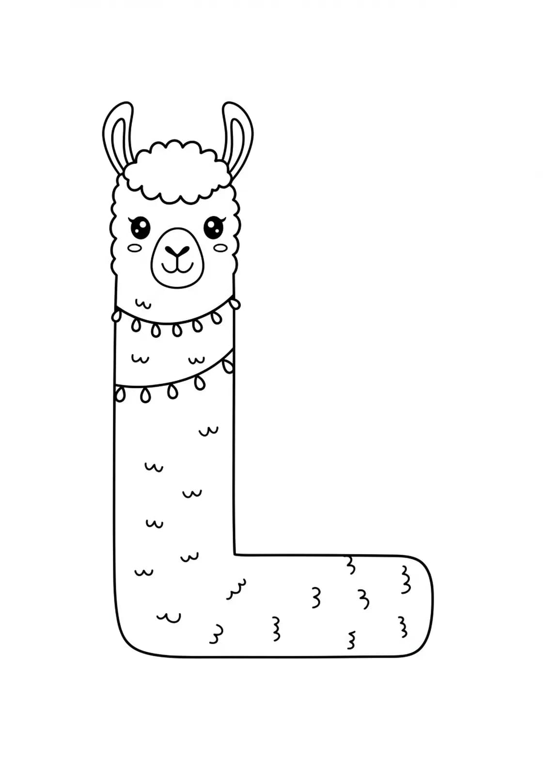 Coloring page of the letter L with a friendly cartoon llama, easy outlines.