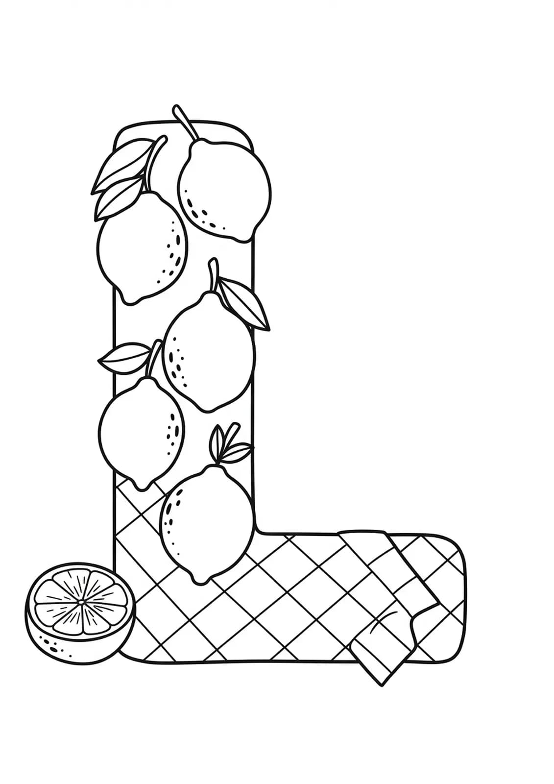 Large letter L with big lemon slices on a picnic cloth, easy coloring page for kids