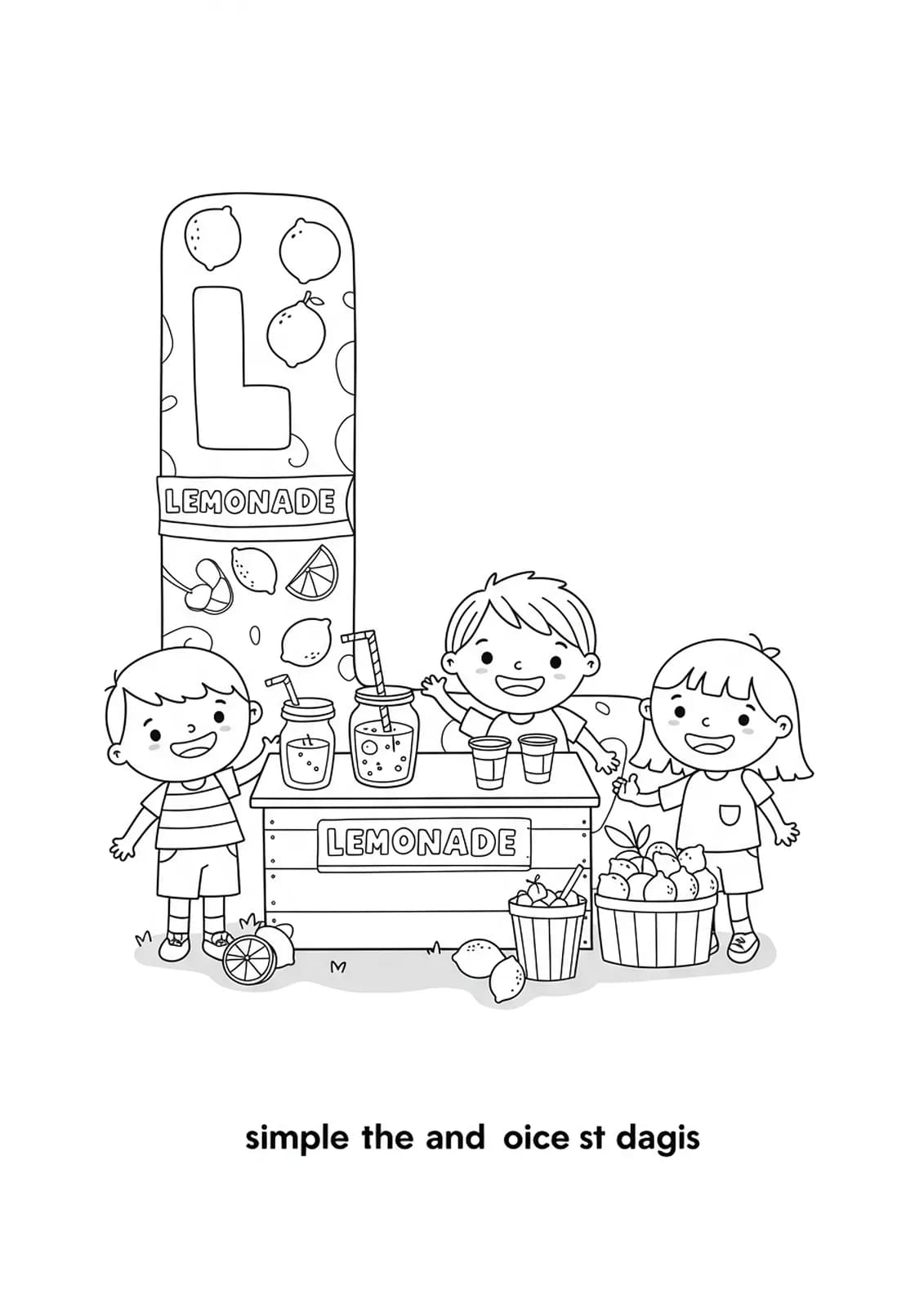 Outline drawing of the letter L with a lemonade stand and children
