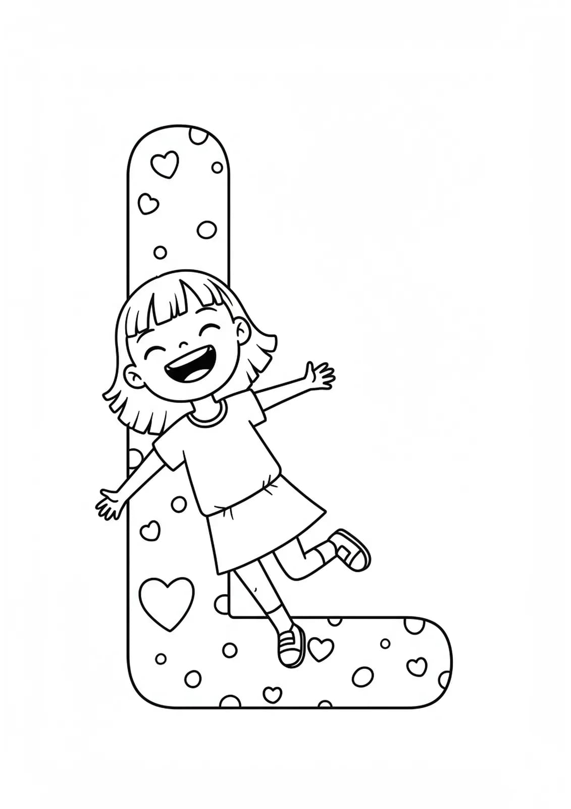 Outline drawing of the letter L with a little girl laughing
