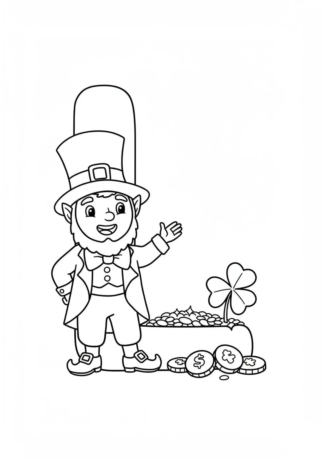 Outline drawing of the letter L with a leprechaun, clover, and gold coins