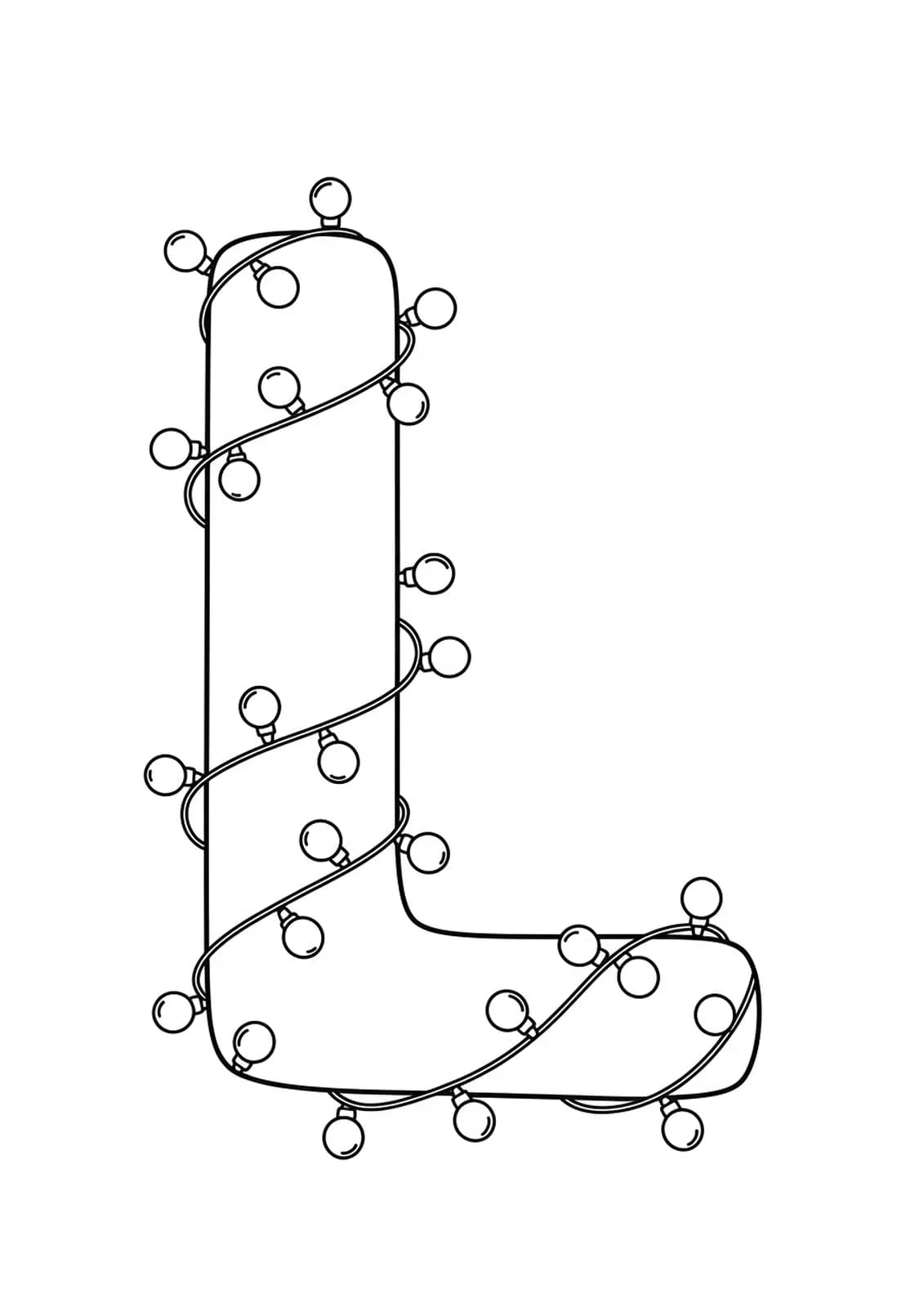 Letter L covered in large cartoon Christmas lights, easy and simple coloring page