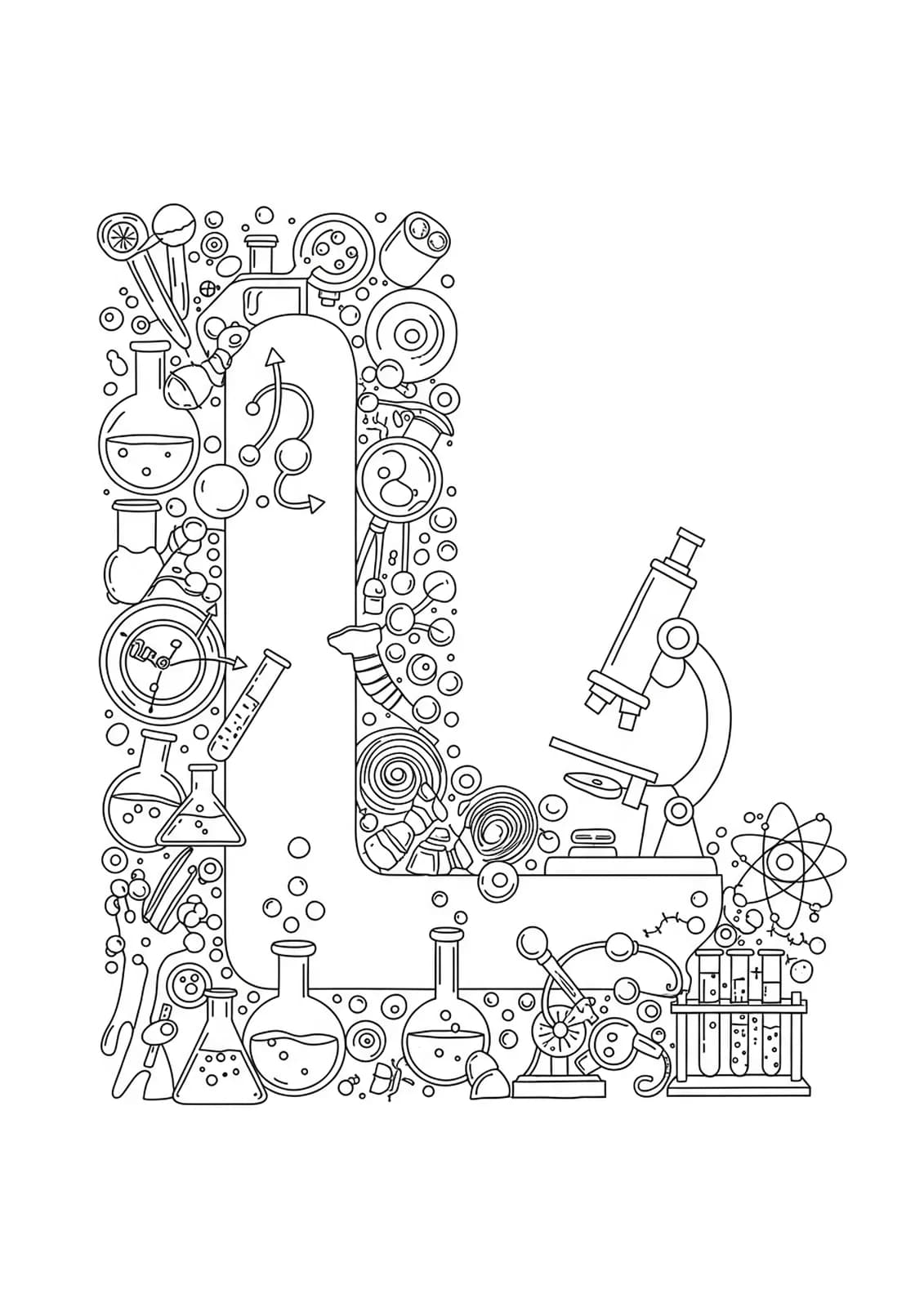 Letter L with detailed lab equipment, beakers, and science tools for preschool coloring