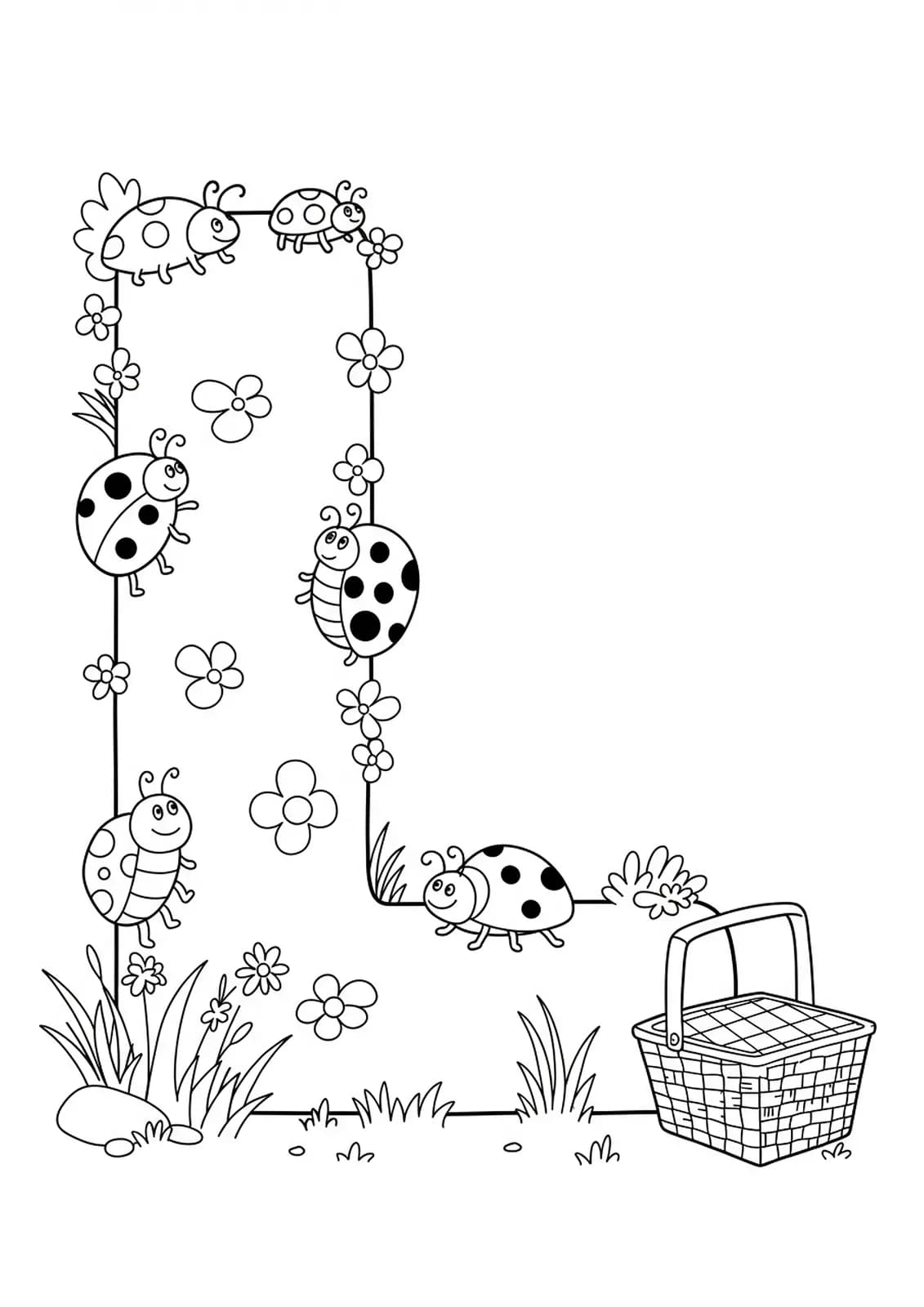 Coloring page of the letter L with ladybugs and picnic basket, simple design.