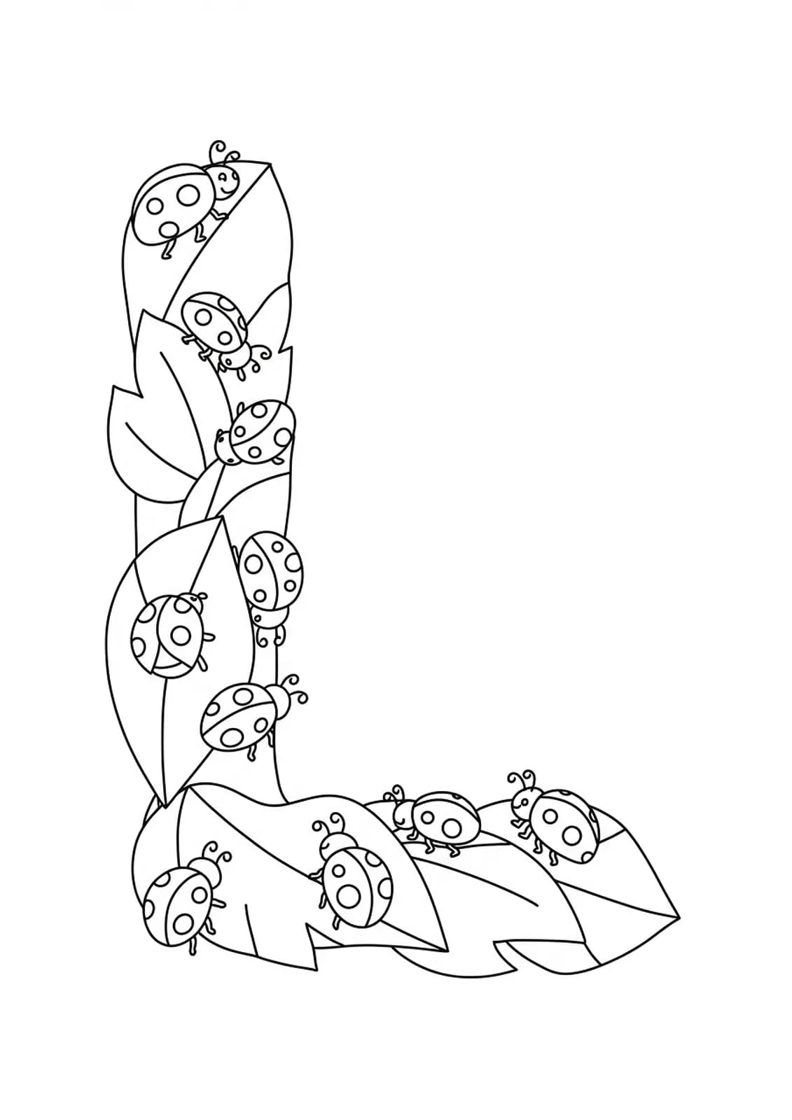 Outline drawing of the letter L with ladybugs and leaves around it