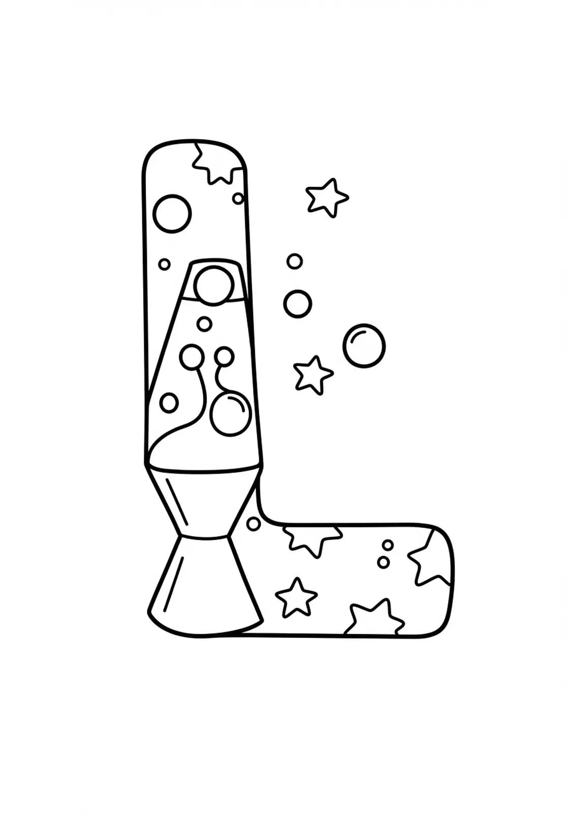 Coloring page of the letter L with a lava lamp and stars, simple lines.