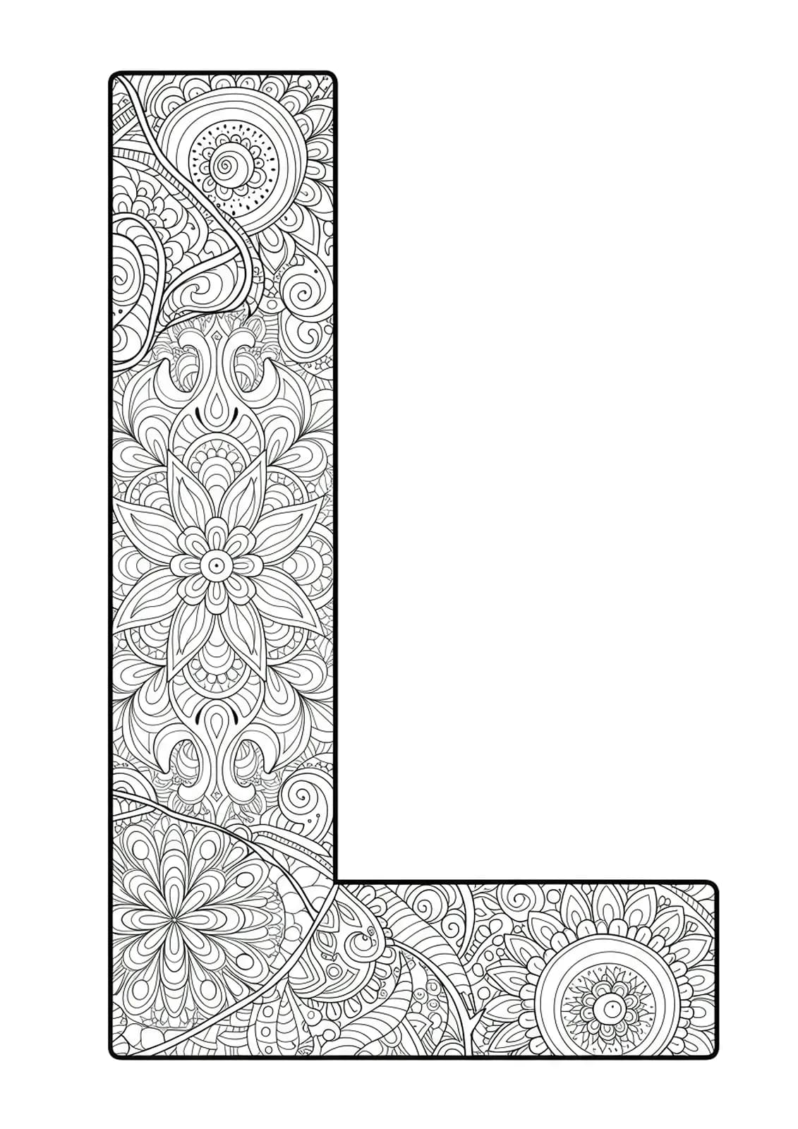 Medium complexity coloring page of the letter L adorned with delicate lace and textile-inspired patterns.