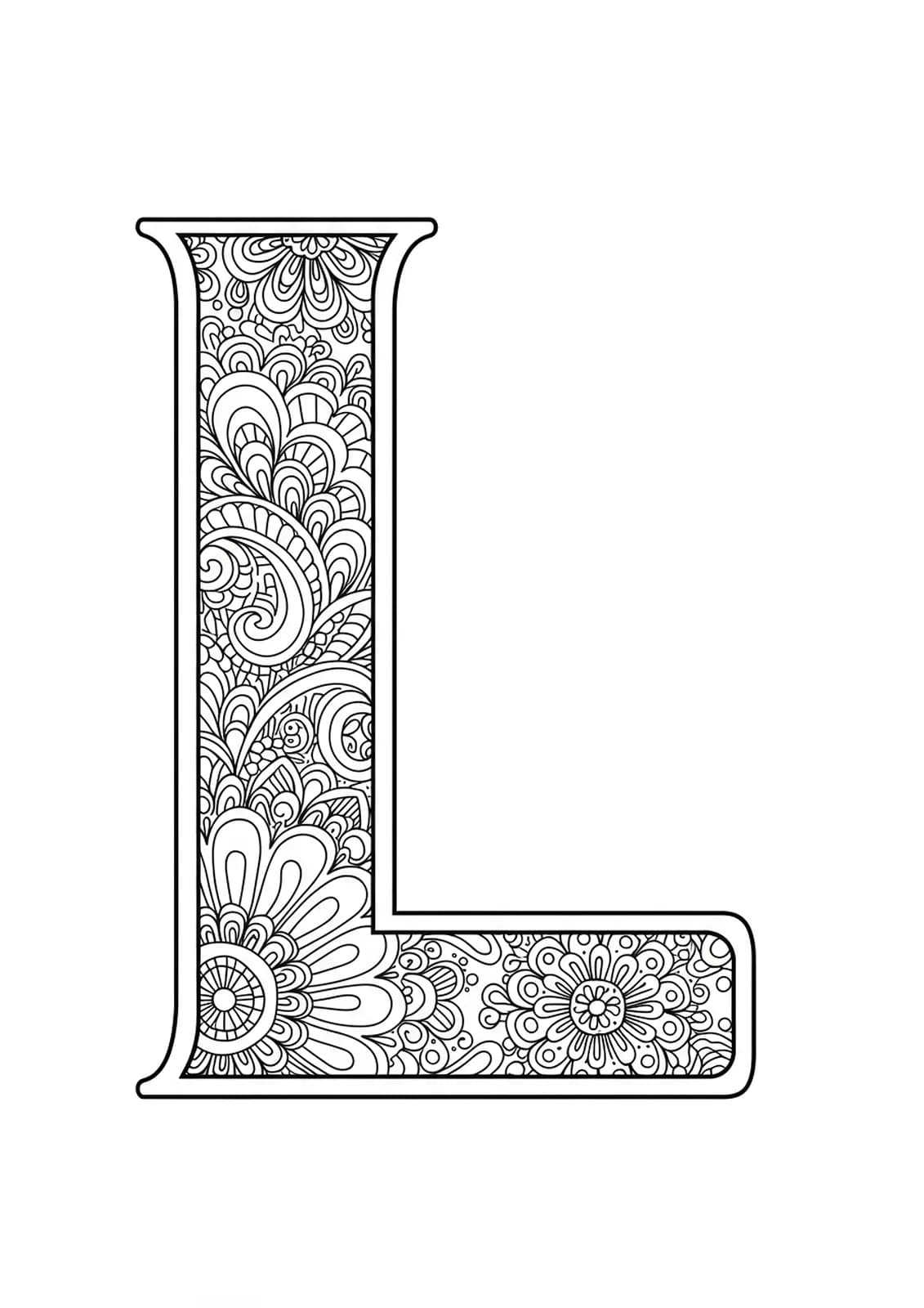 Letter L decorated with detailed lace patterns and fine designs for hard preschool coloring