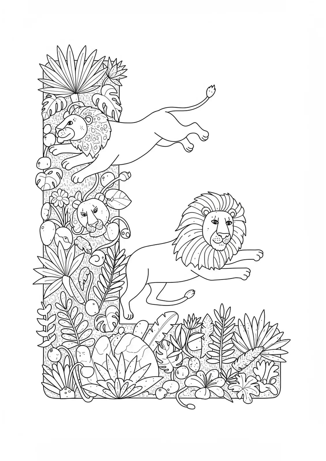 Detailed letter L with leaping lions, jungle leaves, and vines for preschoolers to color