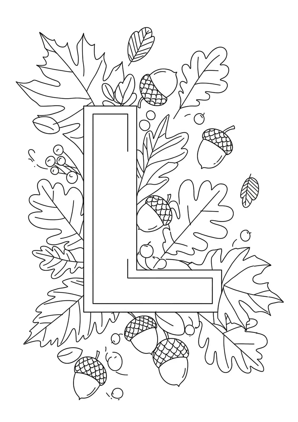Coloring page of the letter L with large autumn leaves, simple design.