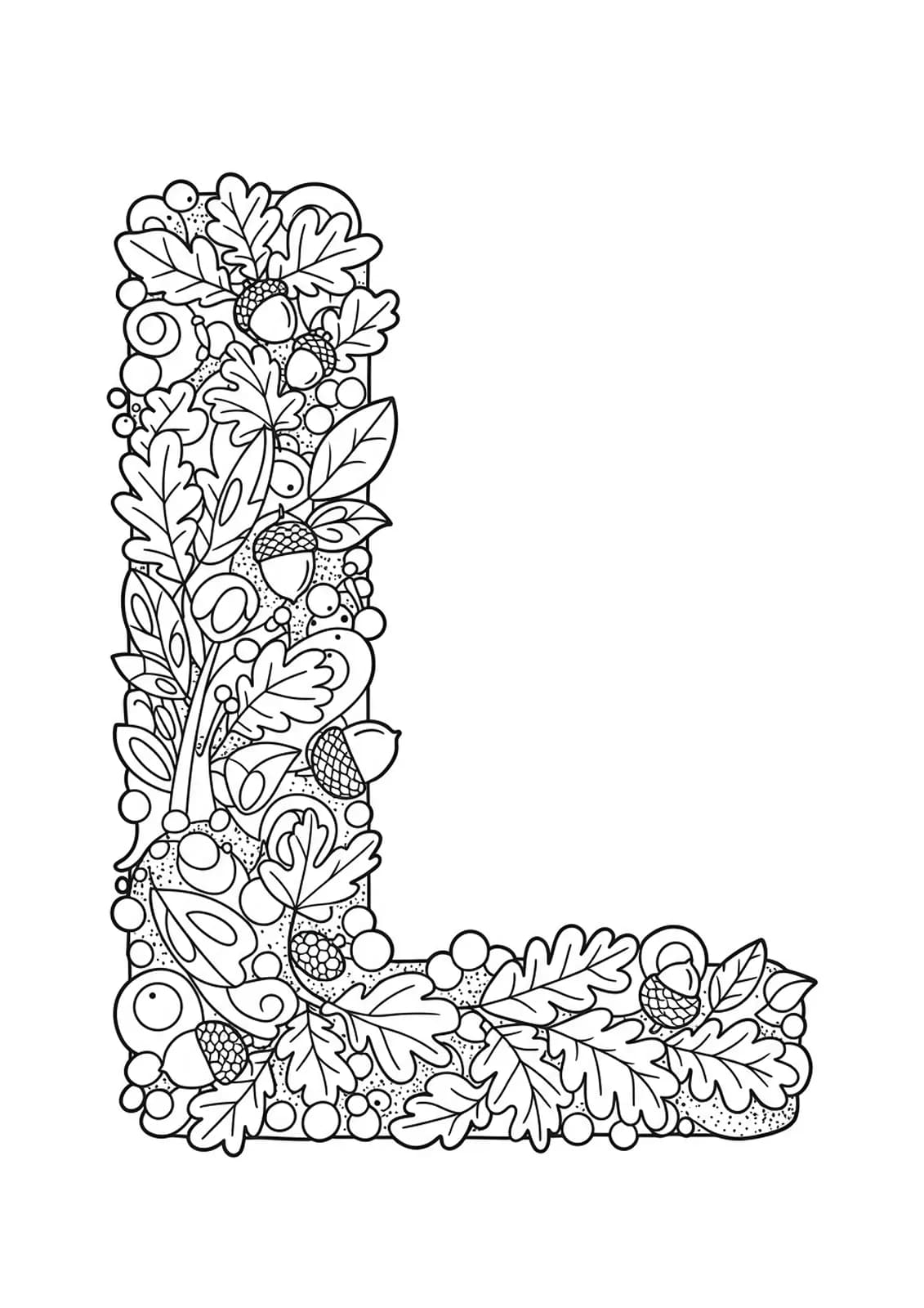 Coloring page with the letter L, autumn leaves, acorns, and swirling wind, with medium detail.