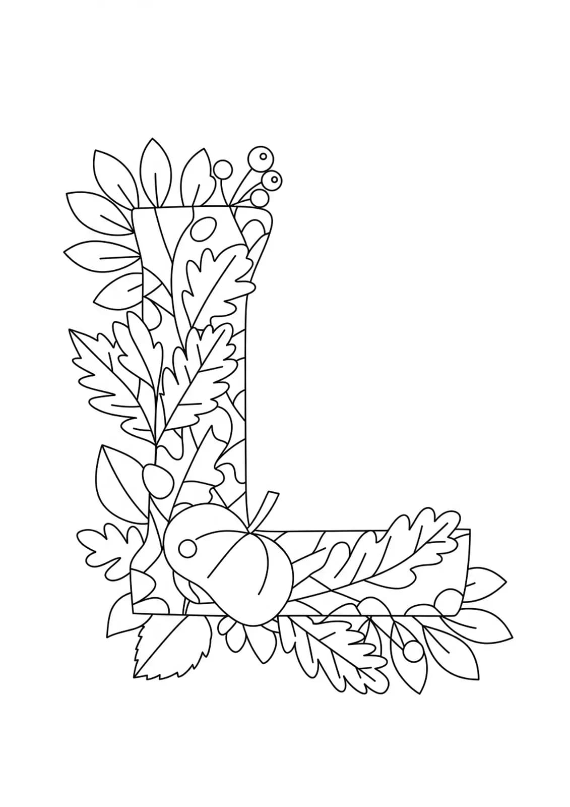 Letter L surrounded by large cartoon autumn leaves, easy lines for preschoolers
