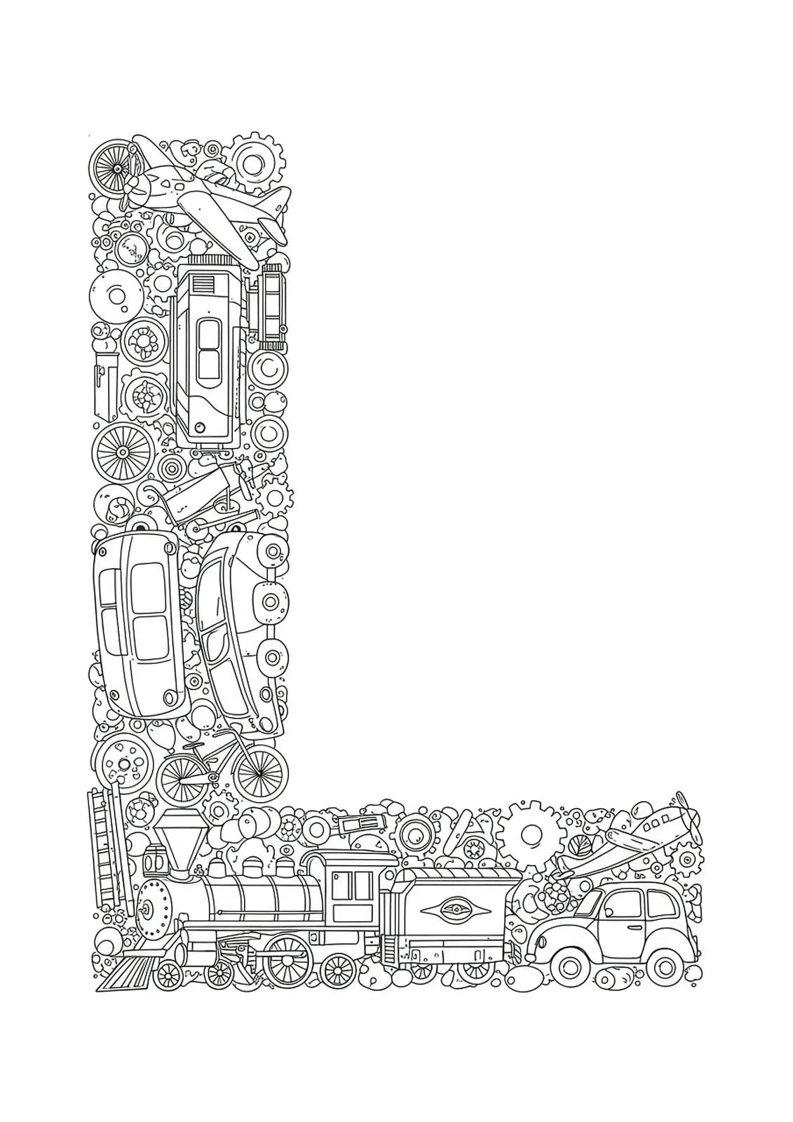 Coloring page with letter L surrounded by detailed locomotives, cars, bicycles, airplanes, and vehicle elements.