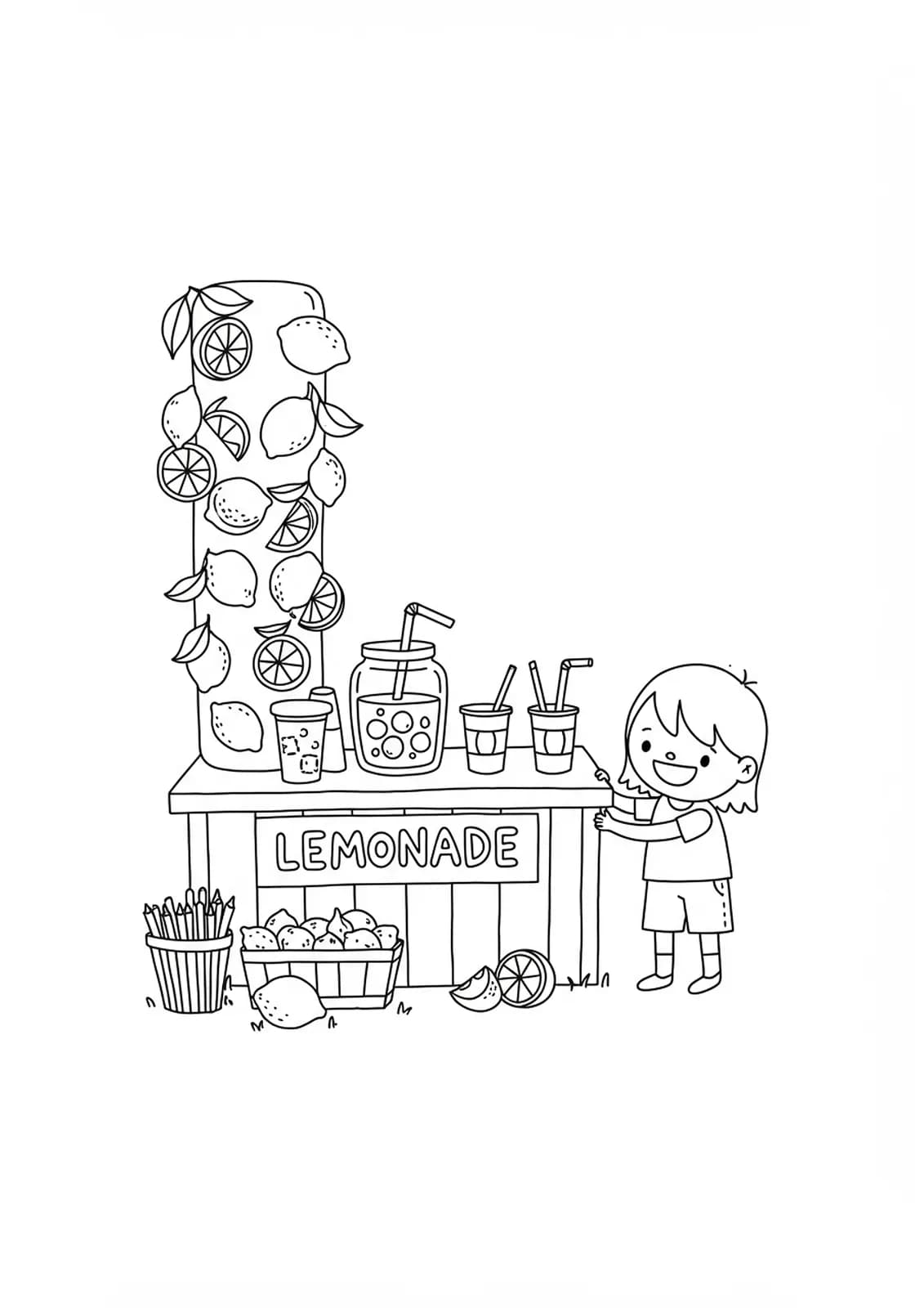 A medium-detail coloring page of the letter L with a lemonade stand, lemons, cups, and a child.