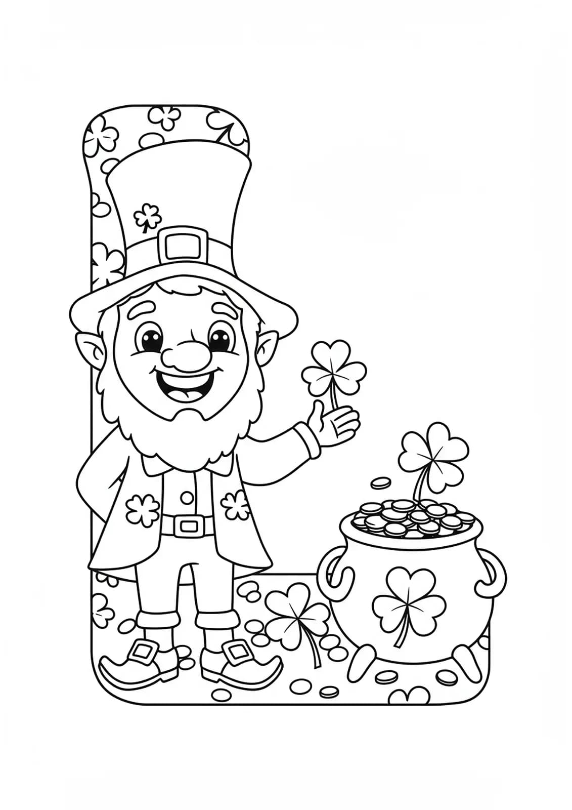 Coloring page of the letter L with a leprechaun and shamrocks, simple design.