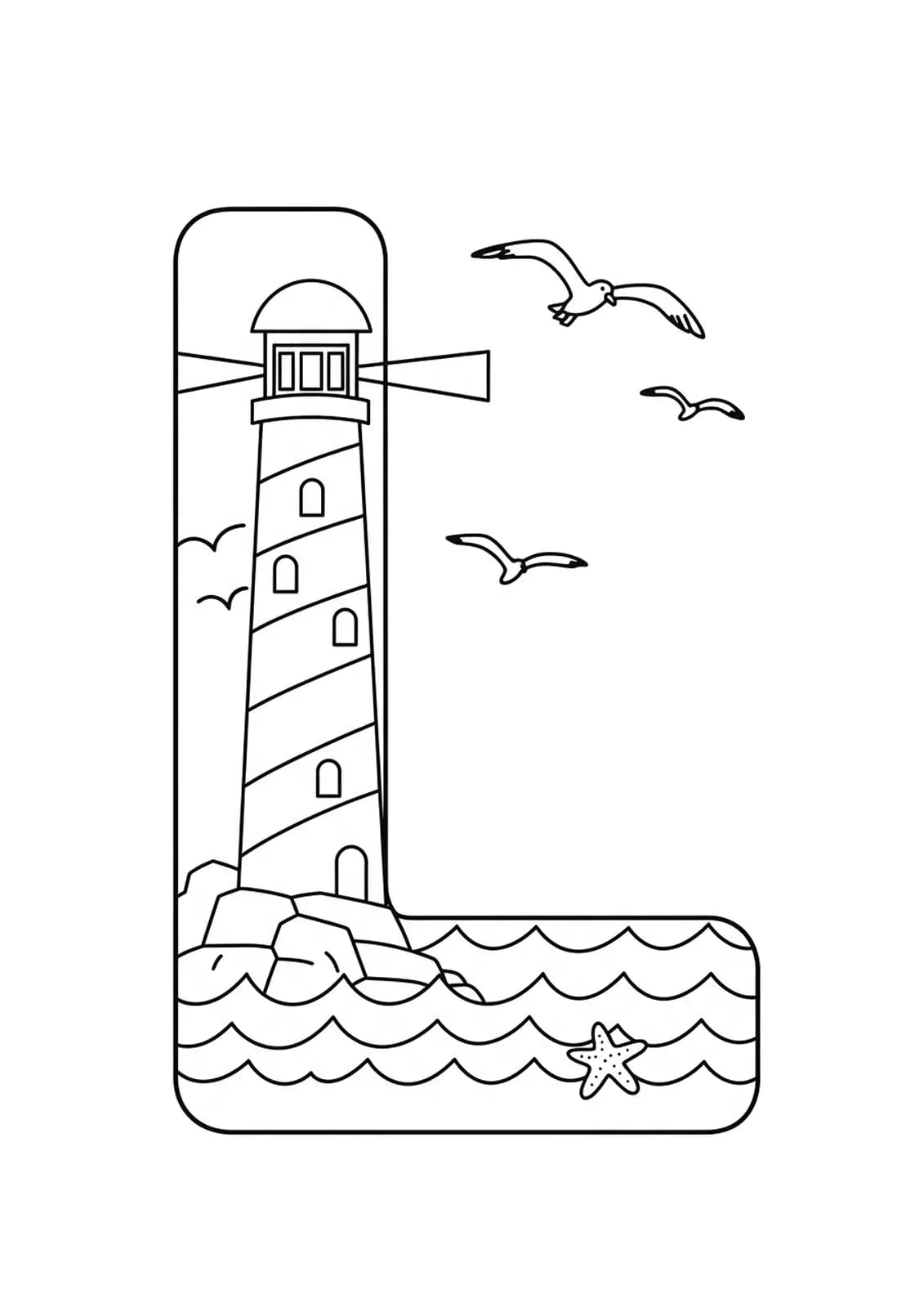 Coloring page of the letter L with a lighthouse and ocean waves, easy outlines.