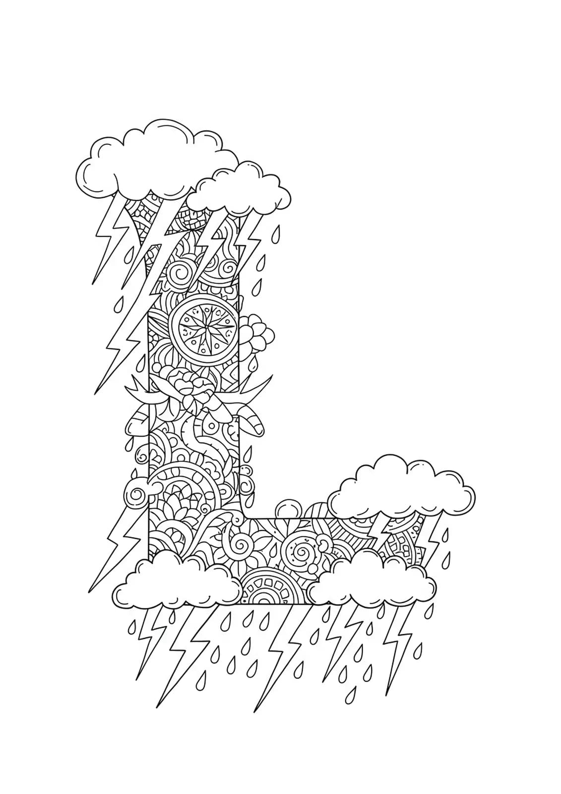 Letter L with lightning bolts, detailed rain clouds, and raindrops for preschool coloring