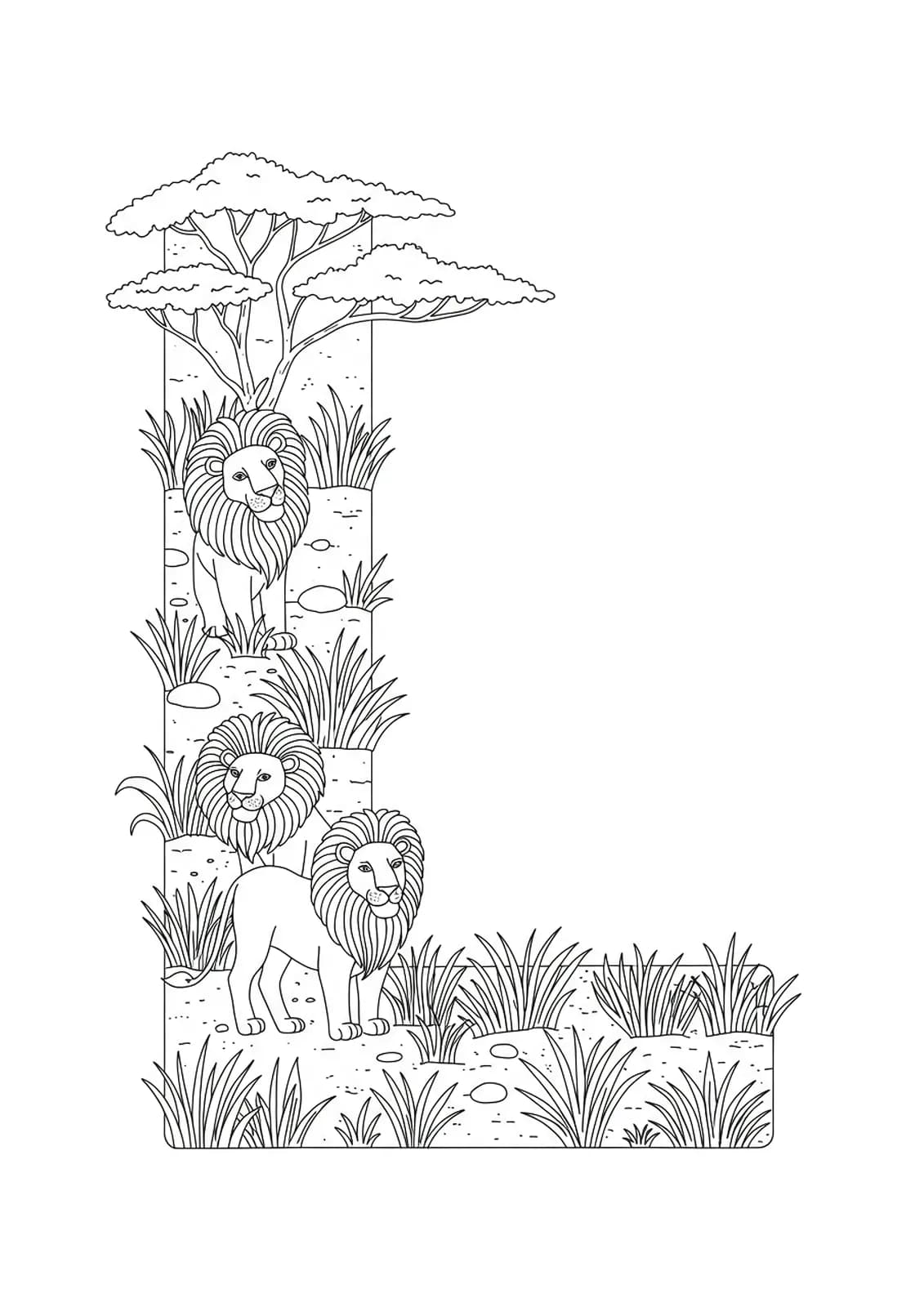 A medium-detail coloring page showing the letter L with lions, acacia trees, and savannah grass.