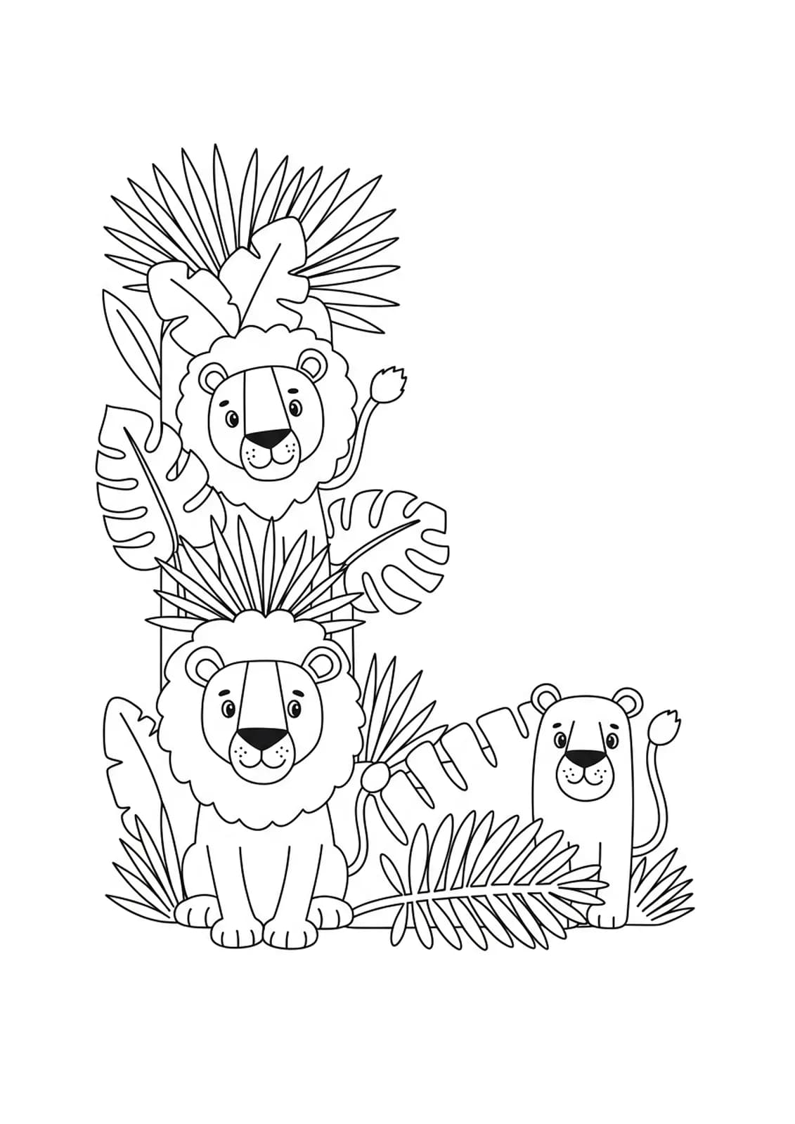 Simple coloring page of the letter L with lions and jungle plants, easy outlines.