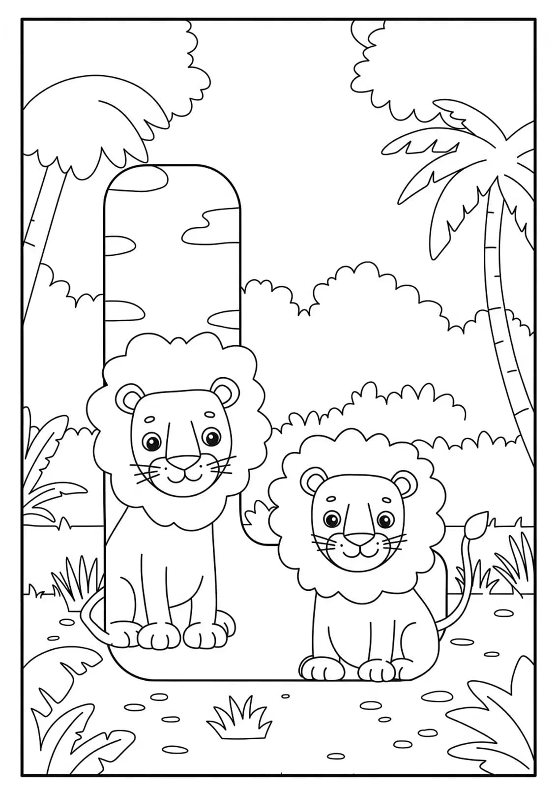Easy coloring page with letter L and two cartoon lions in a simple jungle background