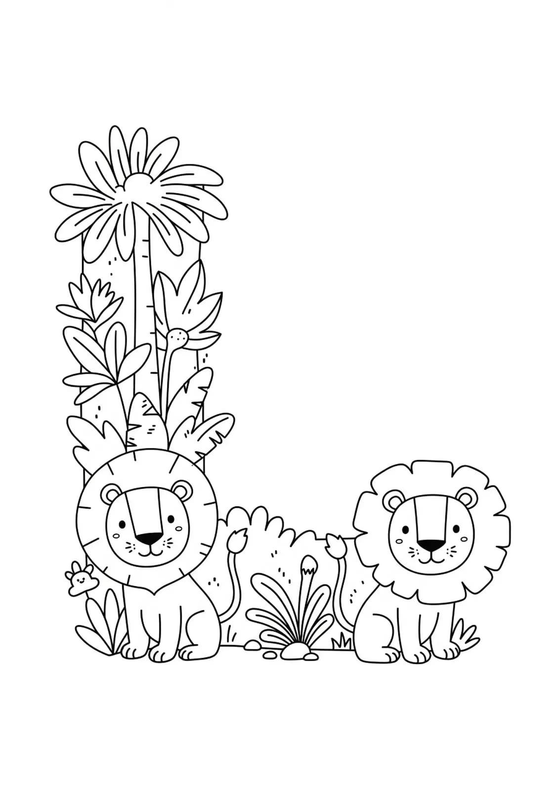 Outline drawing of the letter L with two lions and jungle plants