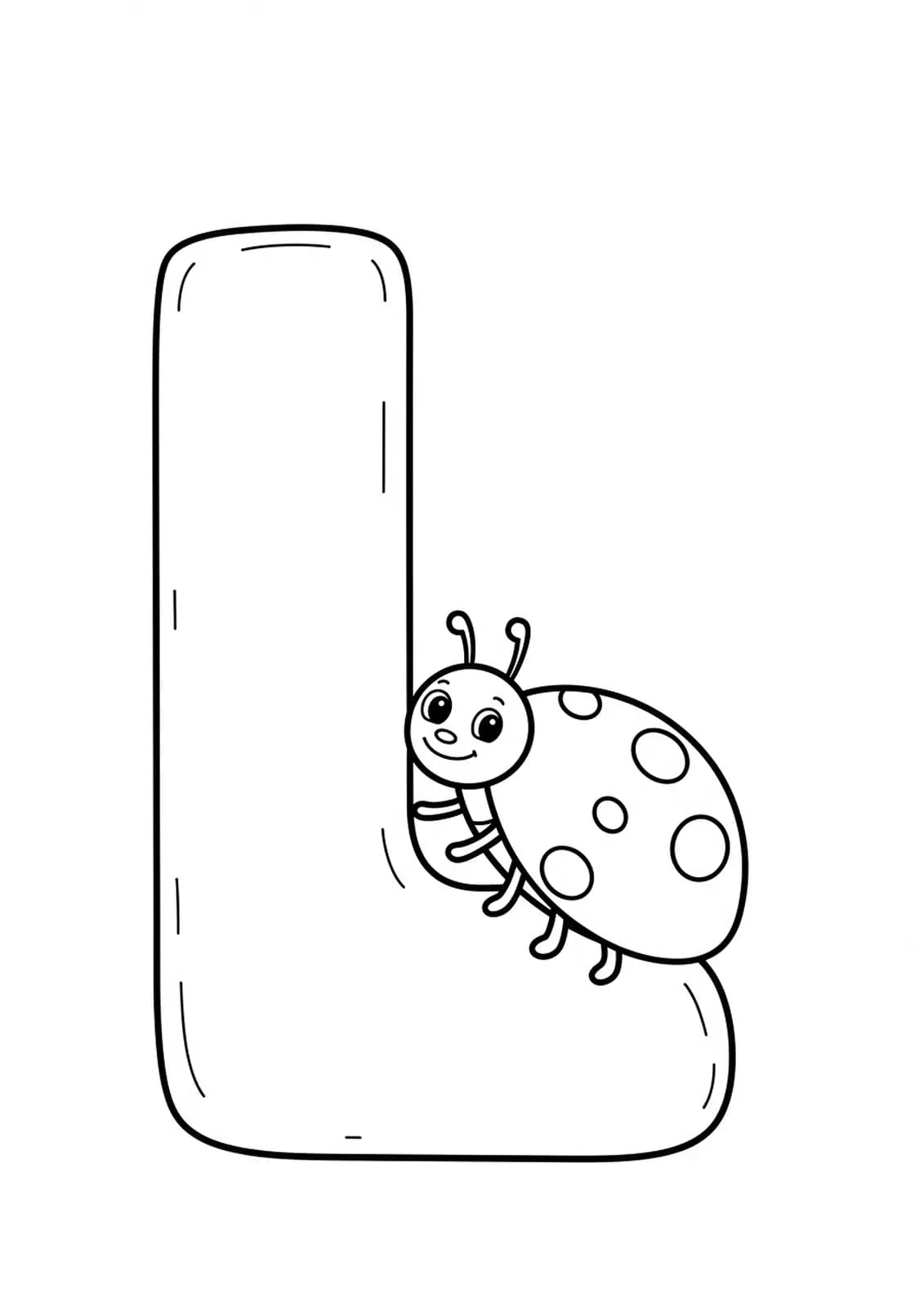 Large letter L with a smiling ladybug sitting on it, simple and big shapes for coloring