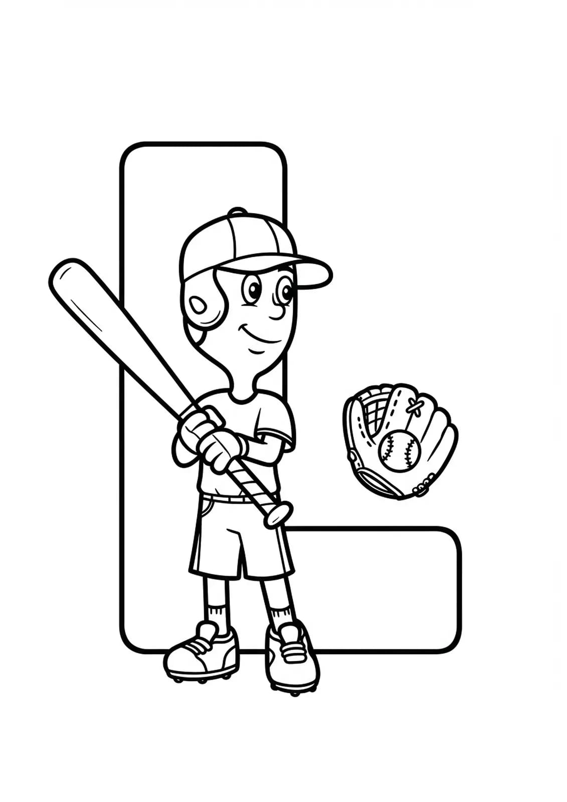 Coloring page of the letter L with a baseball bat, ball, and cap, easy outlines.