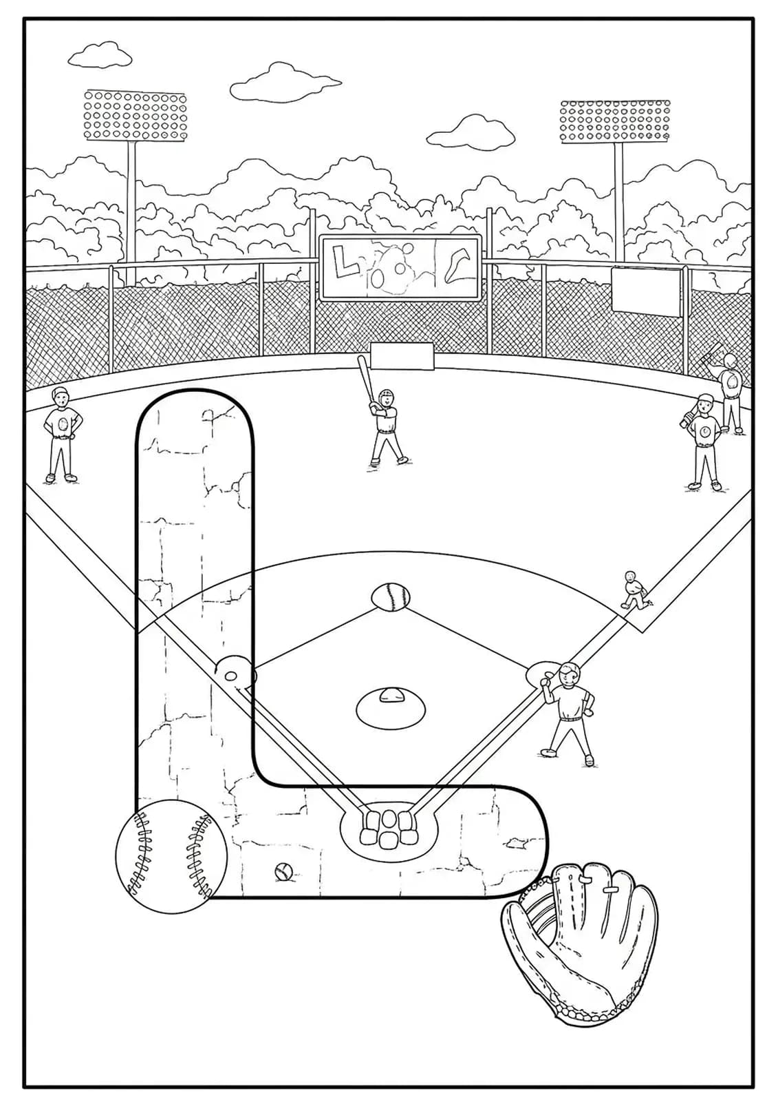 A medium-detail coloring page of the letter L on a baseball field with players, bats, and balls.