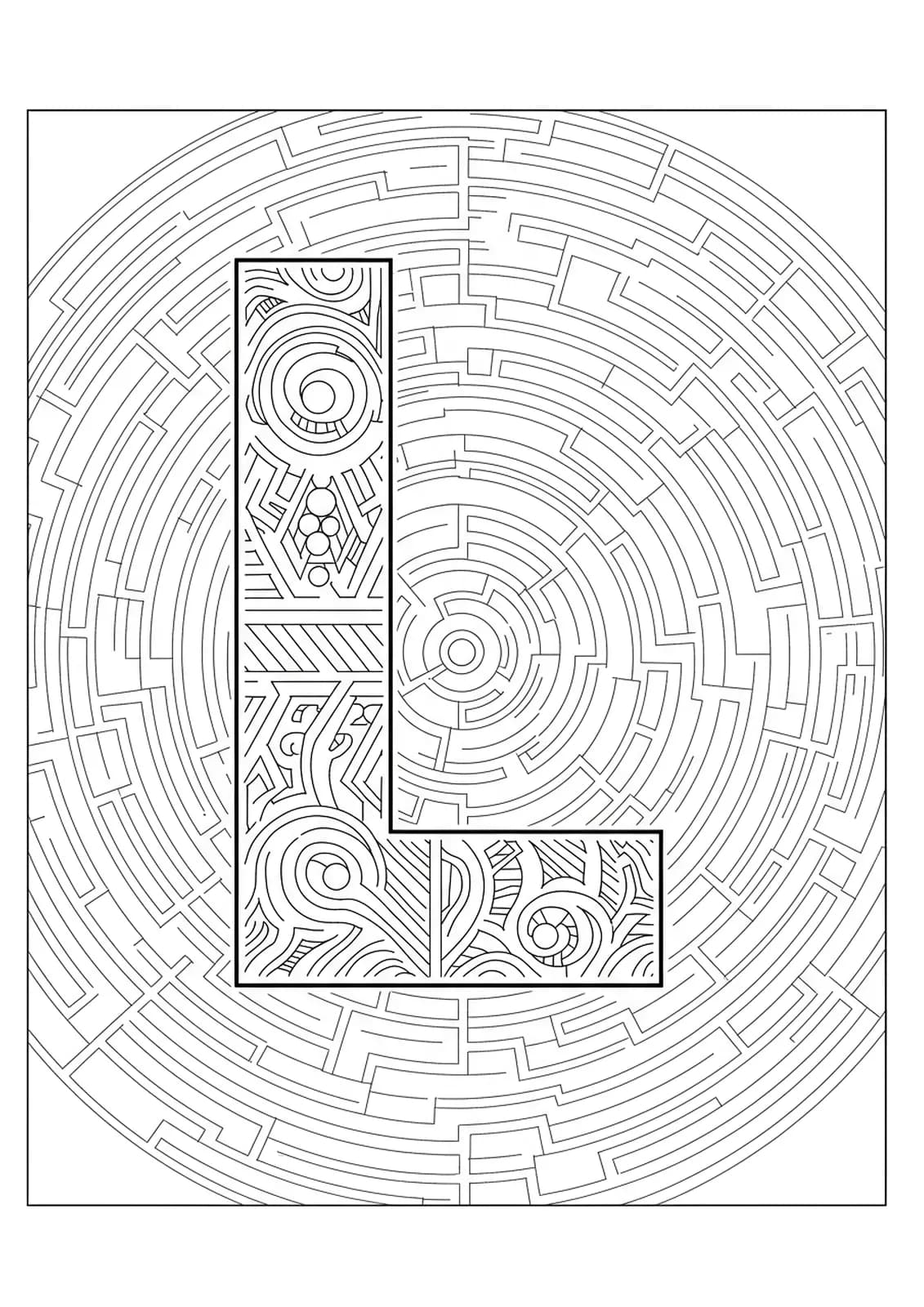 Medium complexity coloring page with the letter L at the center of winding labyrinth and maze designs.