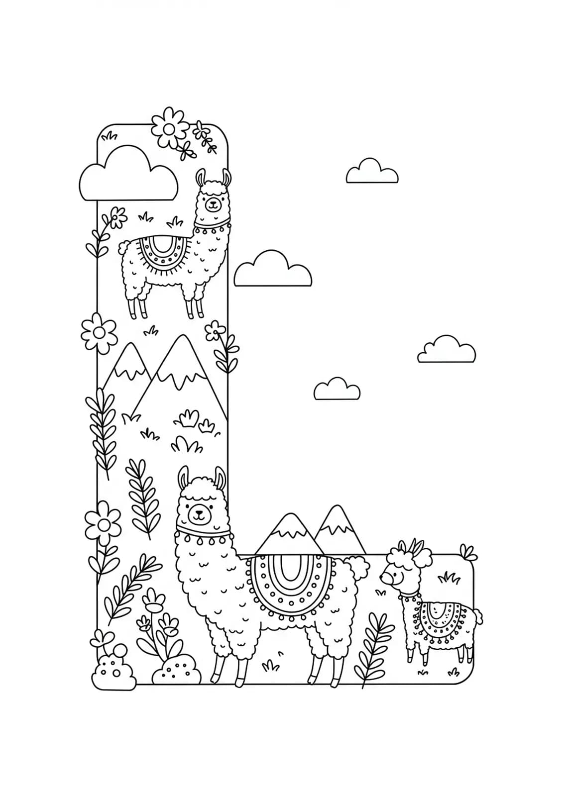 A medium-detail coloring page of the letter L with llamas in a mountain landscape, flowers, and clouds.