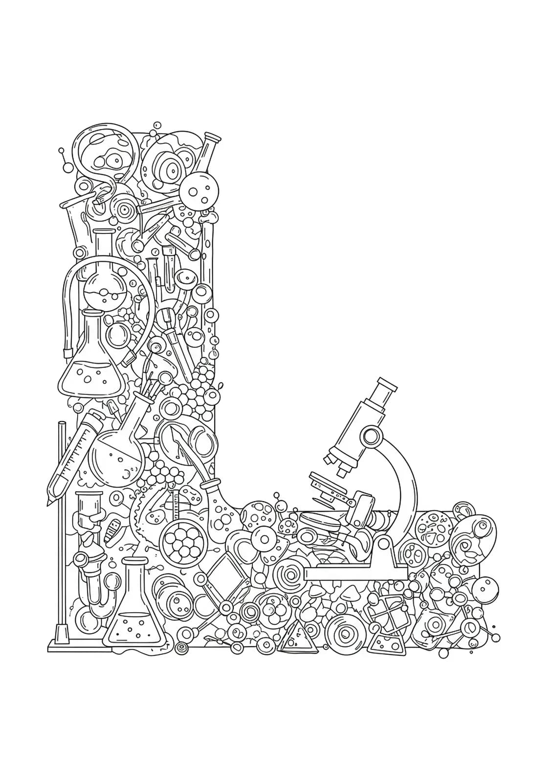 Coloring page showing letter L with laboratory beakers, microscopes, and science equipment in a detailed scene.