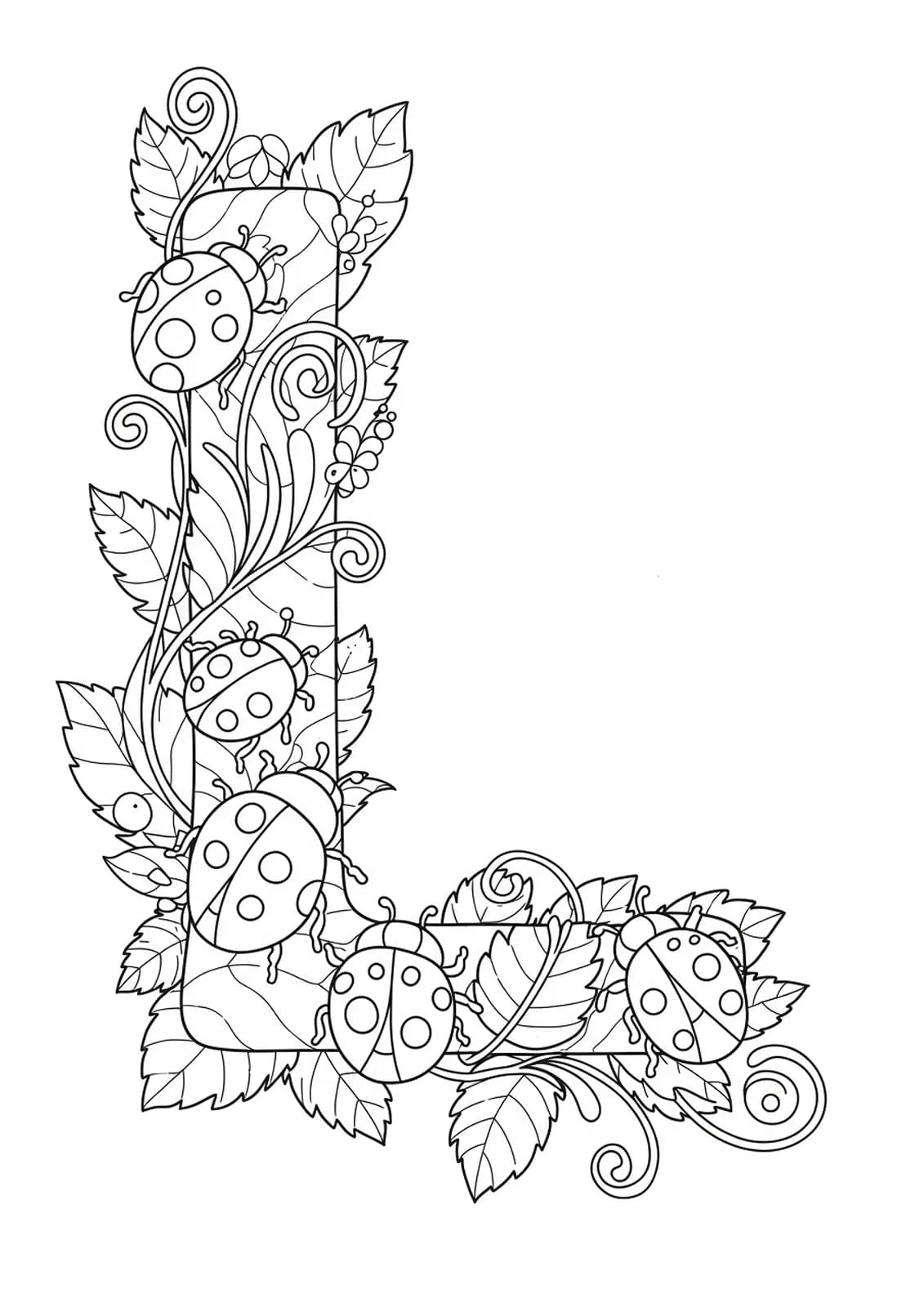 Detailed letter L design with ladybugs, leaves, and swirling vines for preschool coloring
