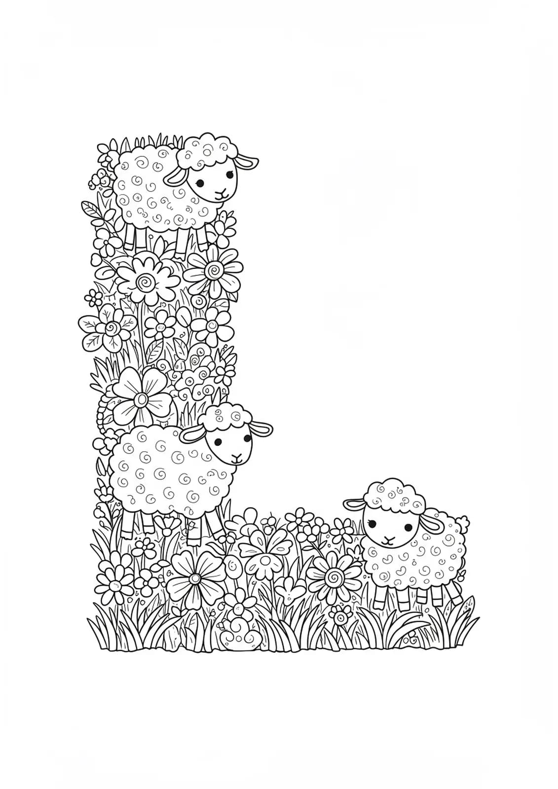 Letter L with detailed lambs, flowers, and farm grass for hard preschool coloring