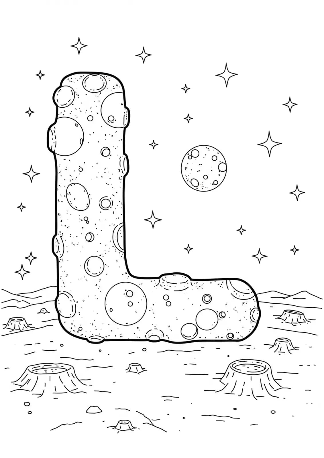 Medium complexity coloring page with the letter L set in a lunar landscape with moons and craters.