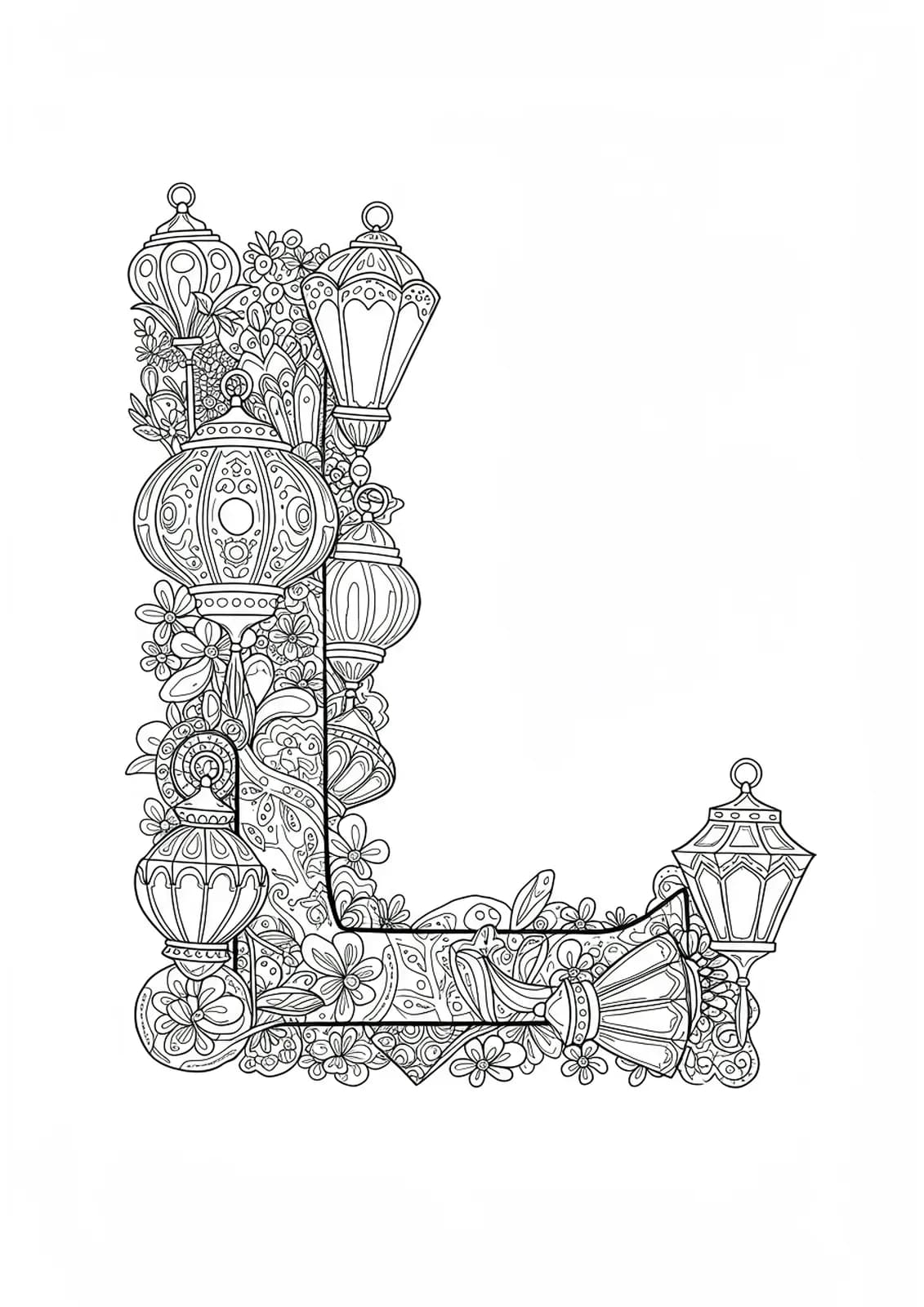 Medium complexity coloring page of the letter L surrounded by decorative lanterns, designed for adult coloring.