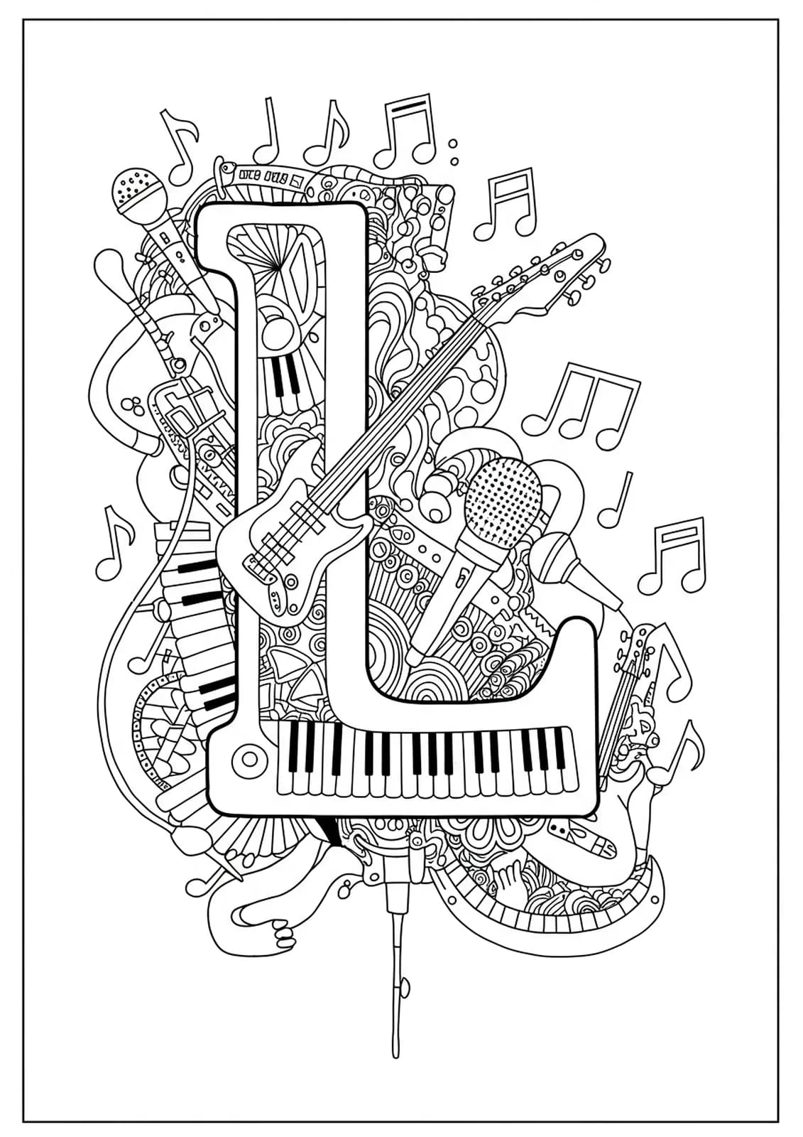 Letter L with musical notes, guitars, and microphones, medium complexity.