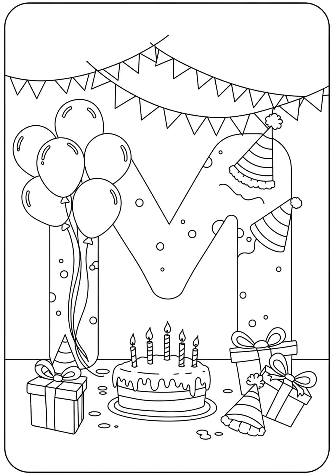 Coloring page of the letter M with balloons, a birthday cake, and party hats.