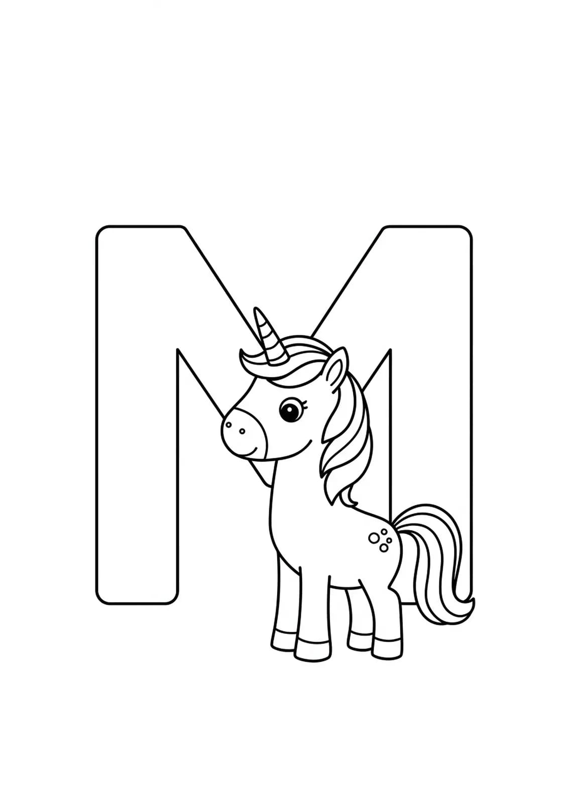 Large letter M with a simple unicorn standing next to it, easy lines for preschool coloring.