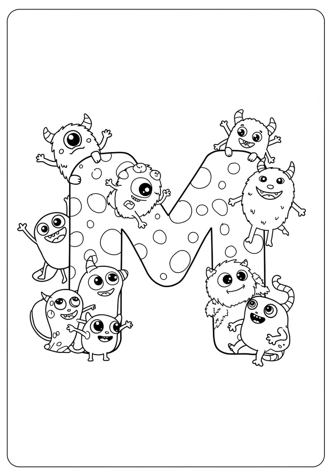 Black and white coloring page of the letter M with friendly cartoon monsters around it.